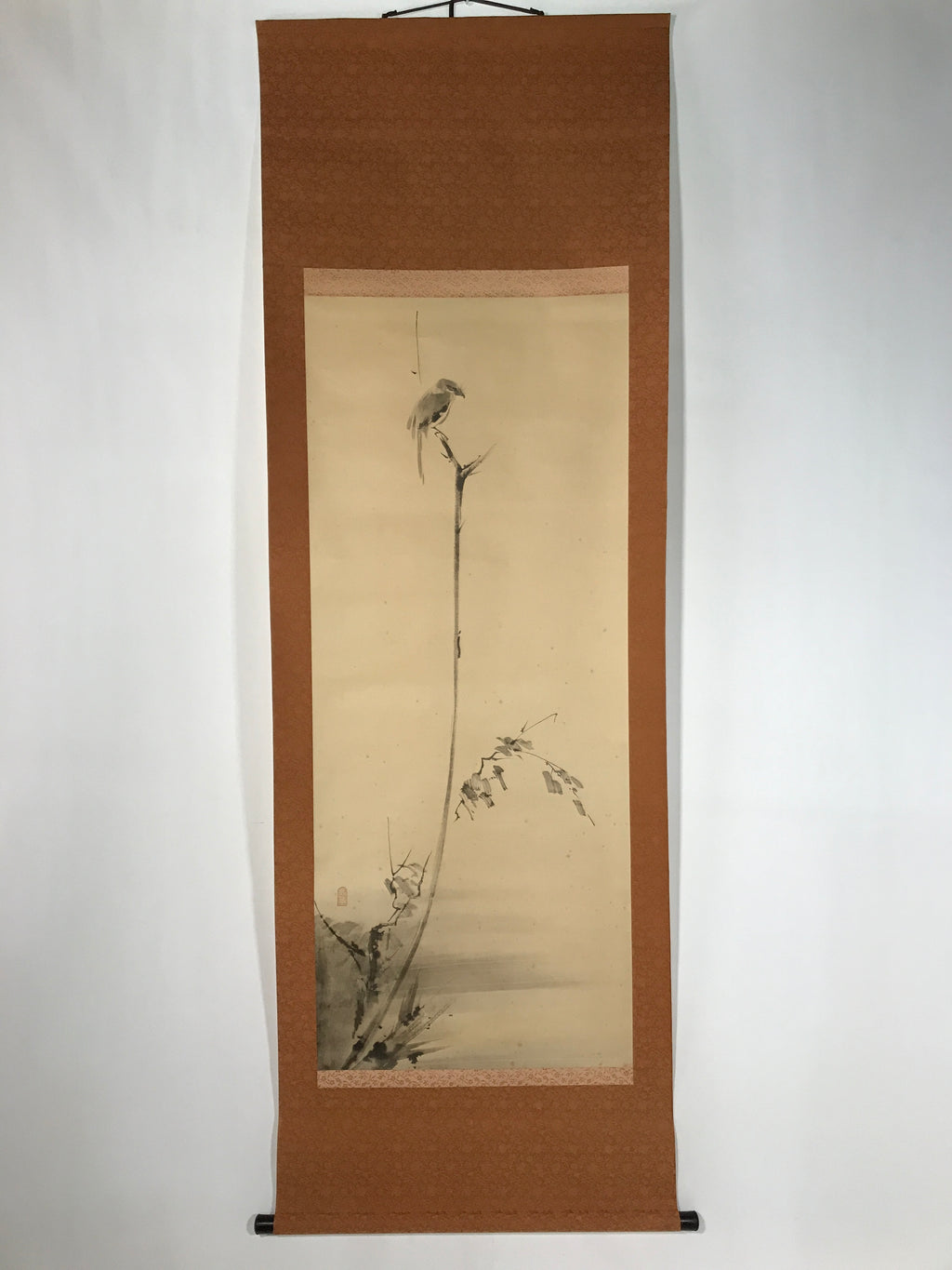 Japanese Boxed Hanging Scroll Vtg Bird Singing Old Tree Miyamoto Musashi KJ33