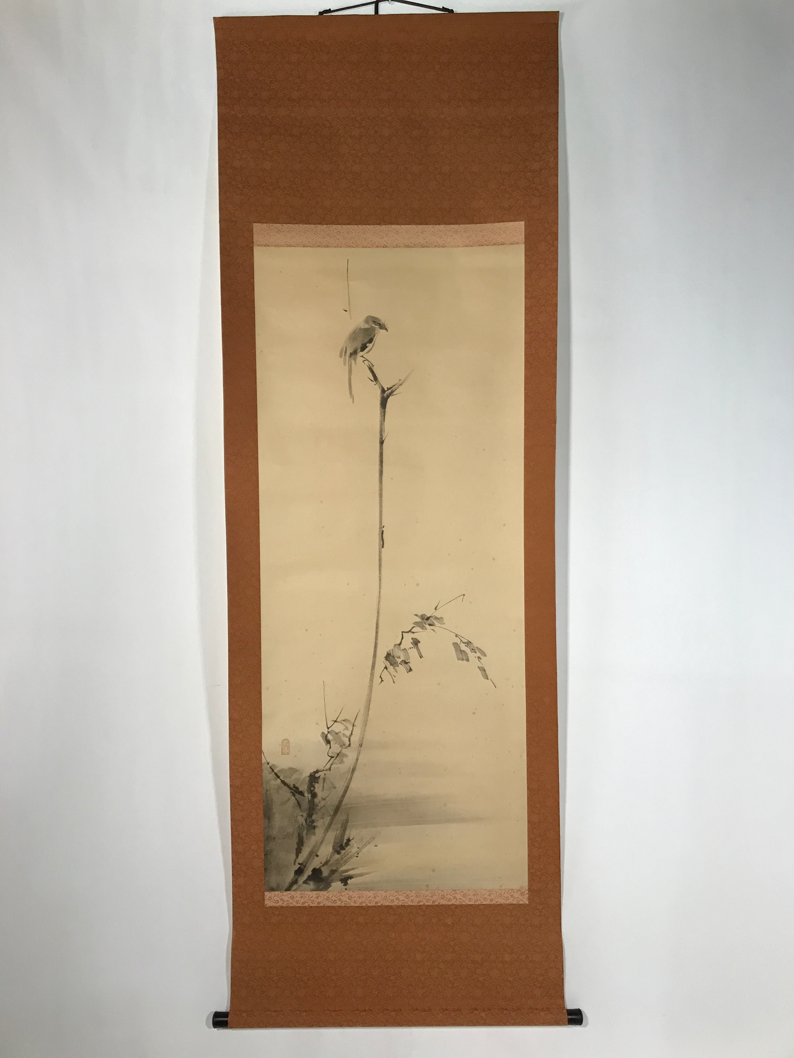 Japanese Boxed Hanging Scroll Vtg Bird Singing Old Tree Miyamoto Musashi KJ33