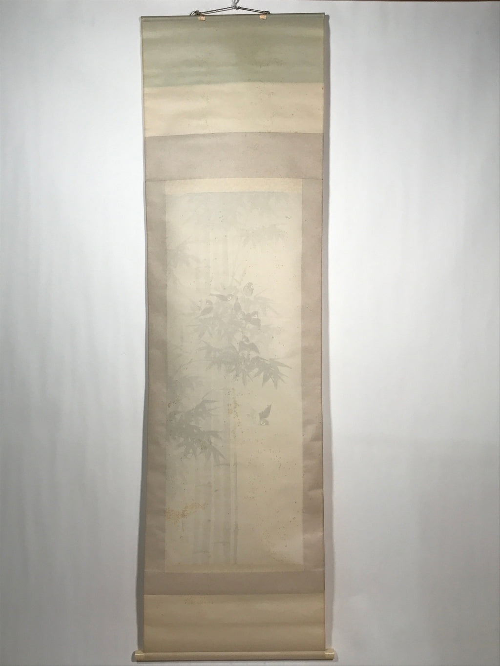 Japanese Boxed Hanging Scroll Vtg Birds Suzume Bamboo Kacho Kakejiku SC984