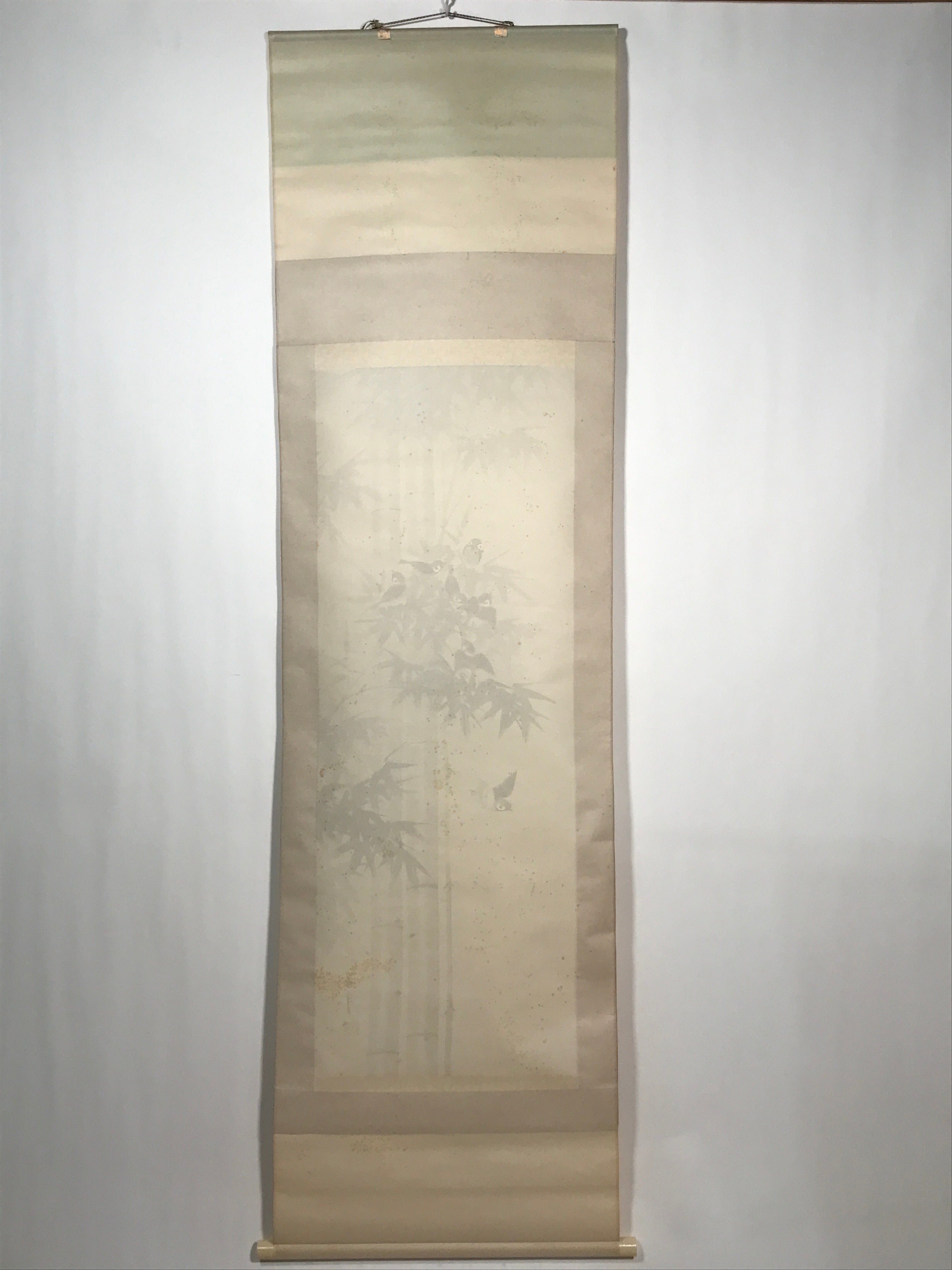 Japanese Boxed Hanging Scroll Vtg Birds Suzume Bamboo Kacho Kakejiku SC984