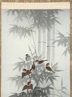 Japanese Boxed Hanging Scroll Vtg Birds Suzume Bamboo Kacho Kakejiku SC984