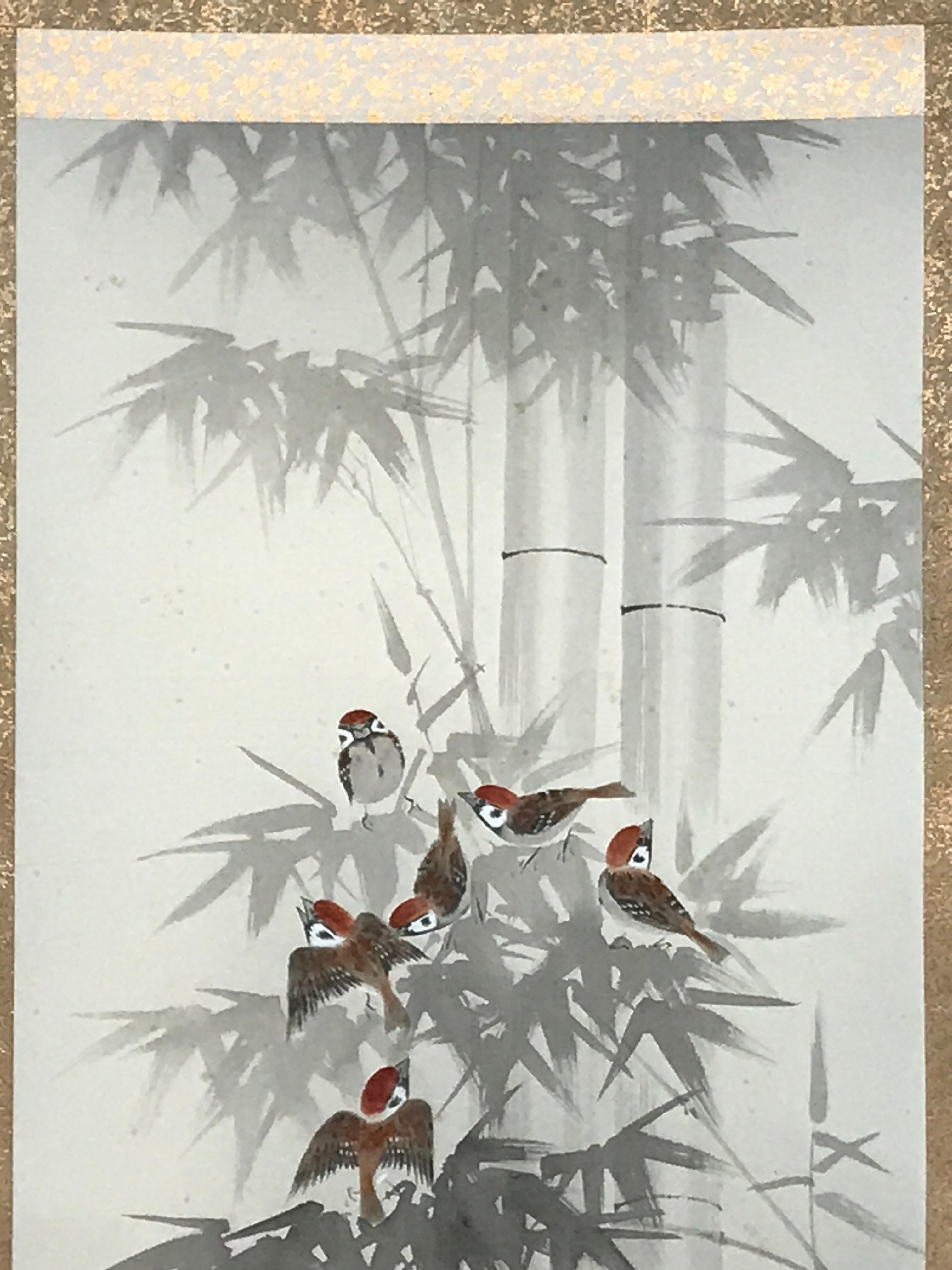 Japanese Boxed Hanging Scroll Vtg Birds Suzume Bamboo Kacho Kakejiku SC984