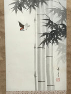 Japanese Boxed Hanging Scroll Vtg Birds Suzume Bamboo Kacho Kakejiku SC984