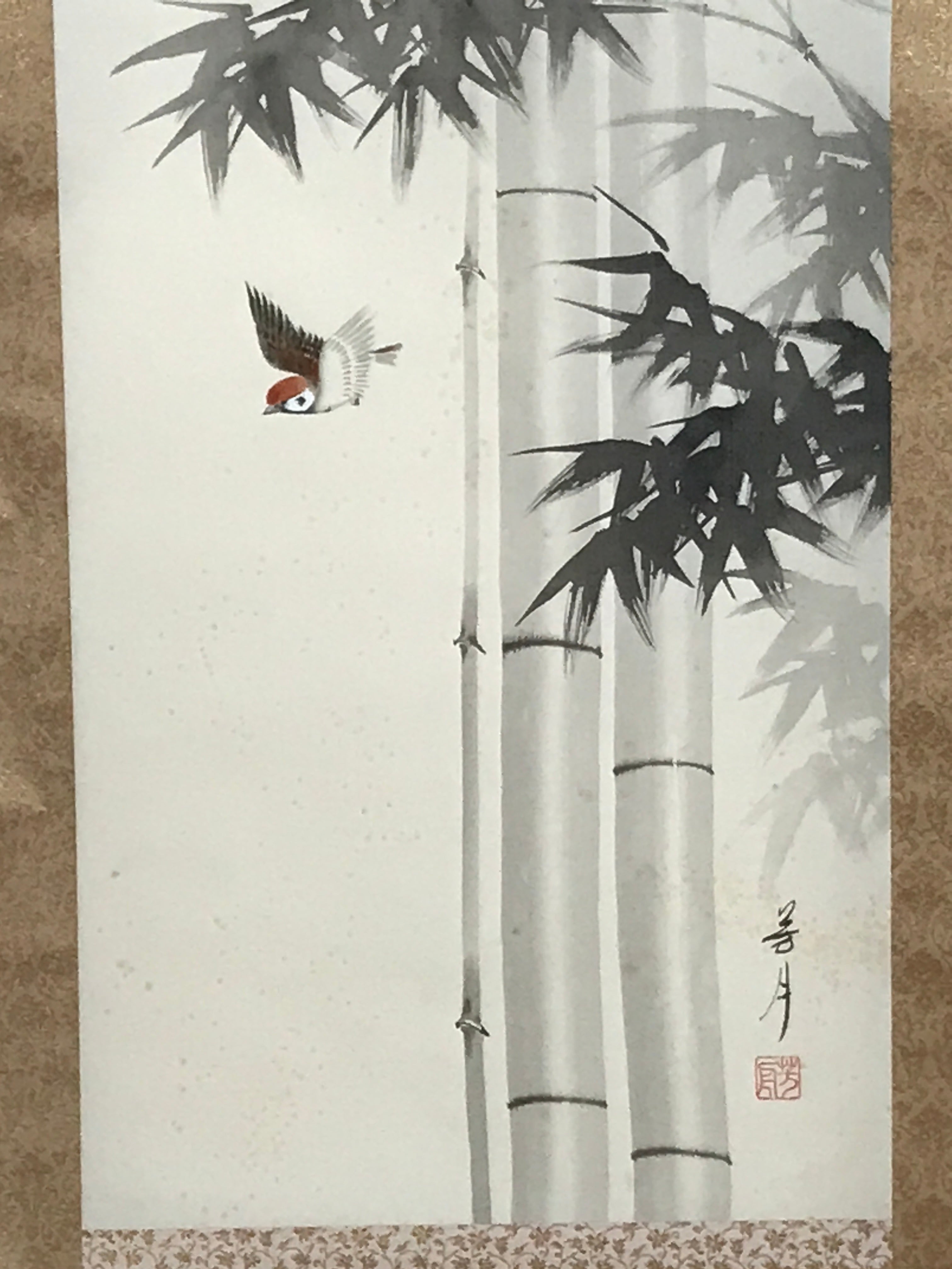 Japanese Boxed Hanging Scroll Vtg Birds Suzume Bamboo Kacho Kakejiku SC984