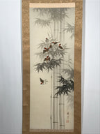 Japanese Boxed Hanging Scroll Vtg Birds Suzume Bamboo Kacho Kakejiku SC984