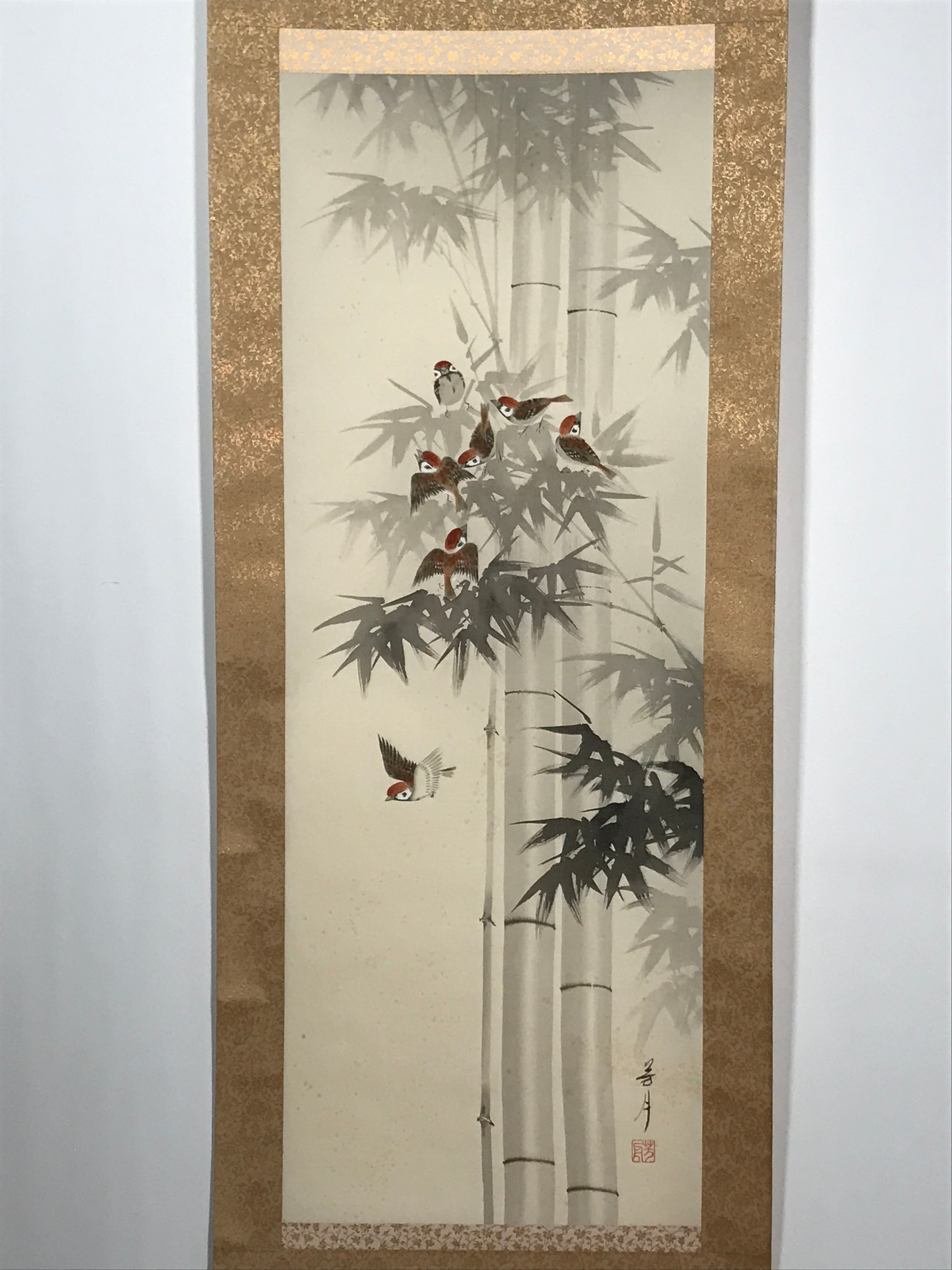 Japanese Boxed Hanging Scroll Vtg Birds Suzume Bamboo Kacho Kakejiku SC984