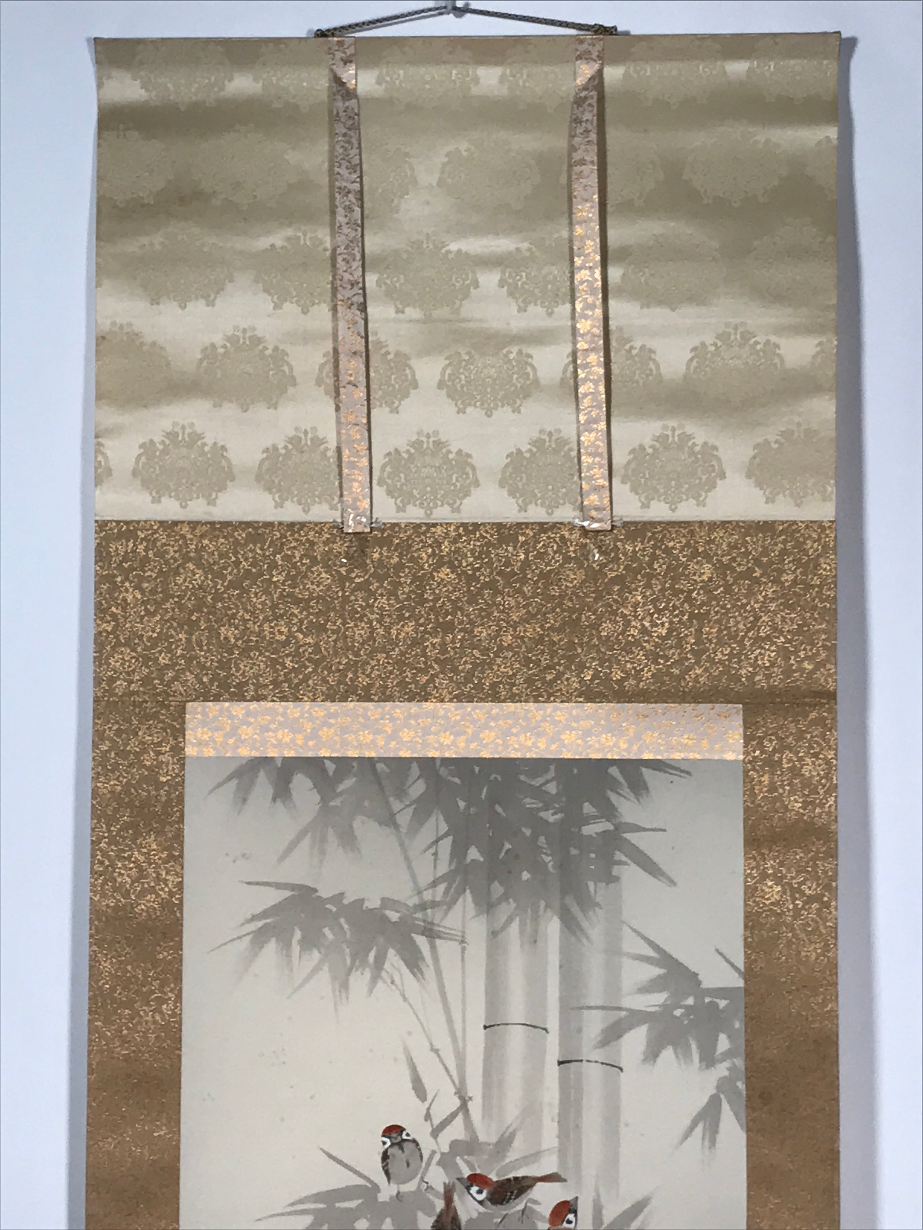 Japanese Boxed Hanging Scroll Vtg Birds Suzume Bamboo Kacho Kakejiku SC984