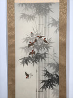 Japanese Boxed Hanging Scroll Vtg Birds Suzume Bamboo Kacho Kakejiku SC984