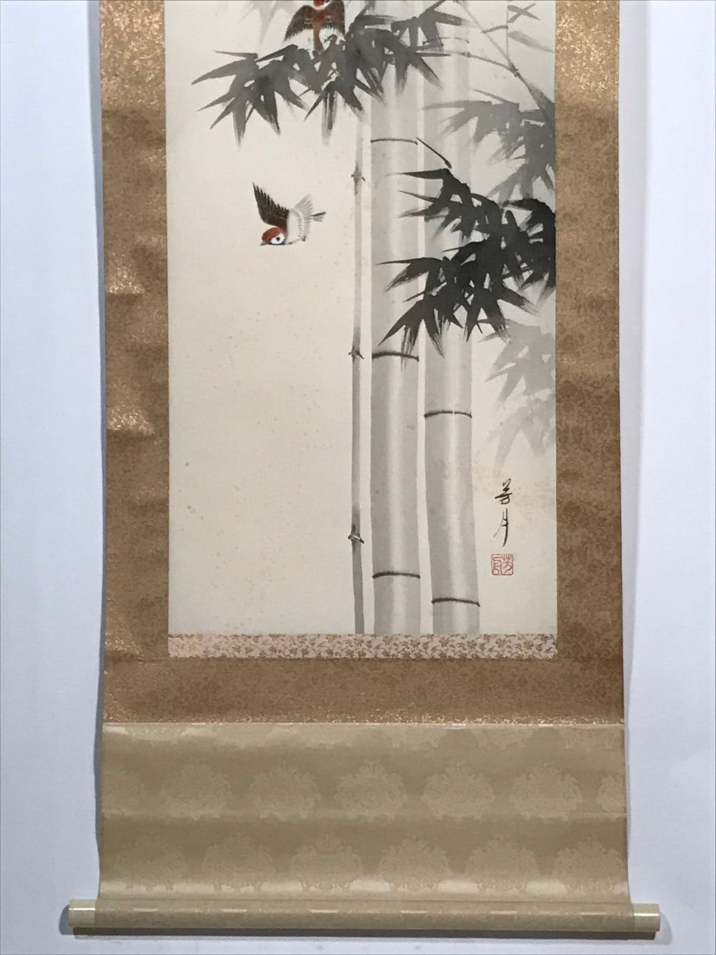 Japanese Boxed Hanging Scroll Vtg Birds Suzume Bamboo Kacho Kakejiku SC984