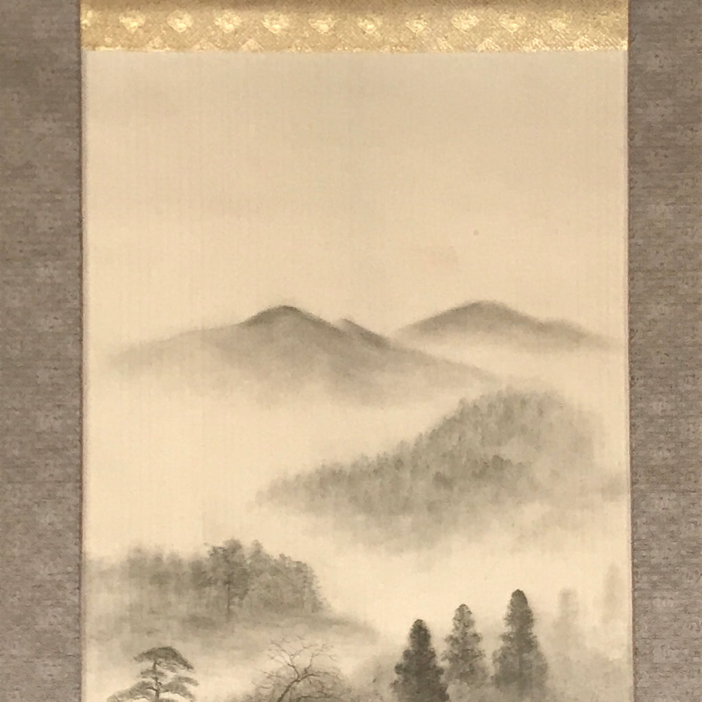 Japanese Boxed Hanging Scroll Vtg Black White Ink Landscape Sansui Kakejiku KJ35