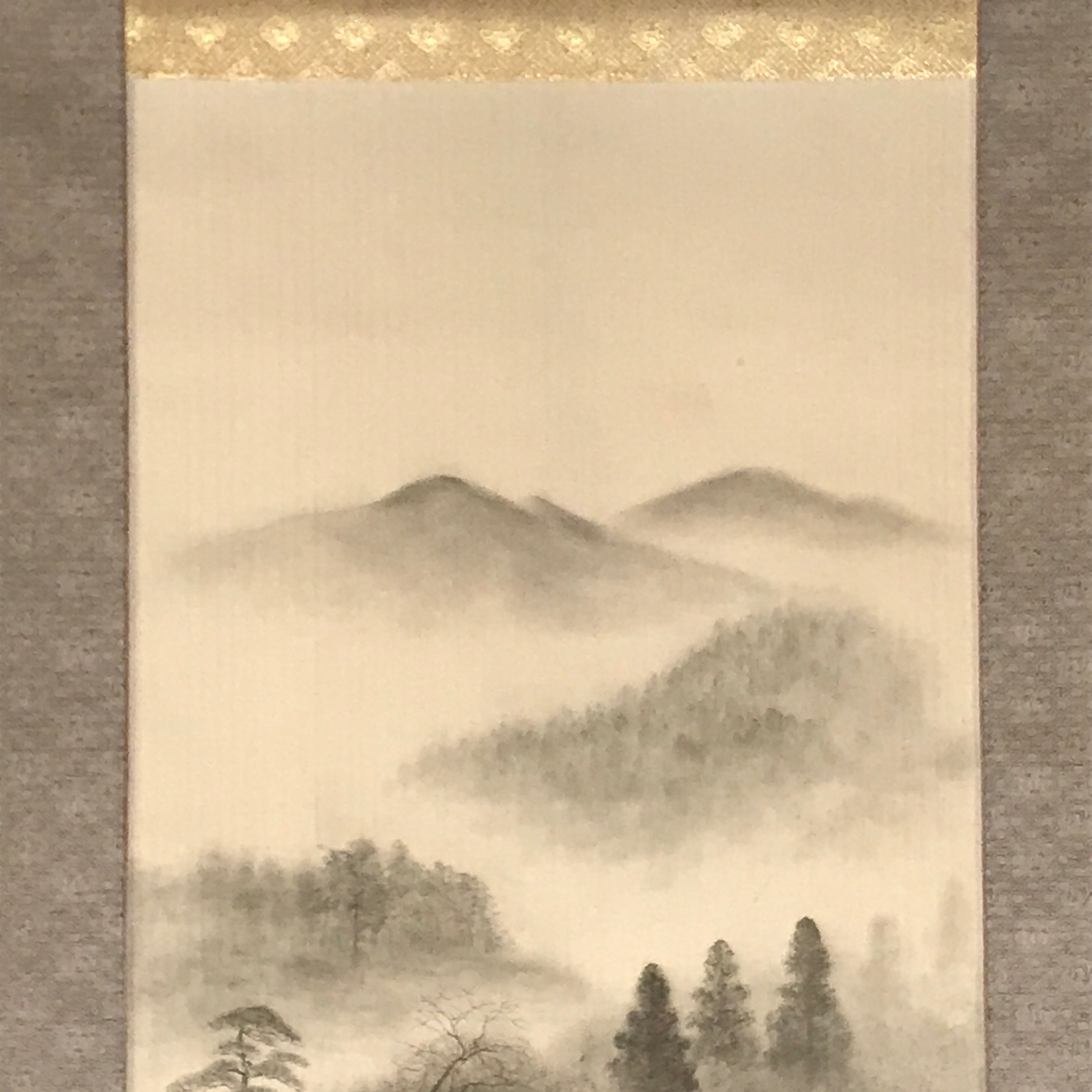 Japanese Boxed Hanging Scroll Vtg Black White Ink Landscape Sansui Kakejiku KJ35
