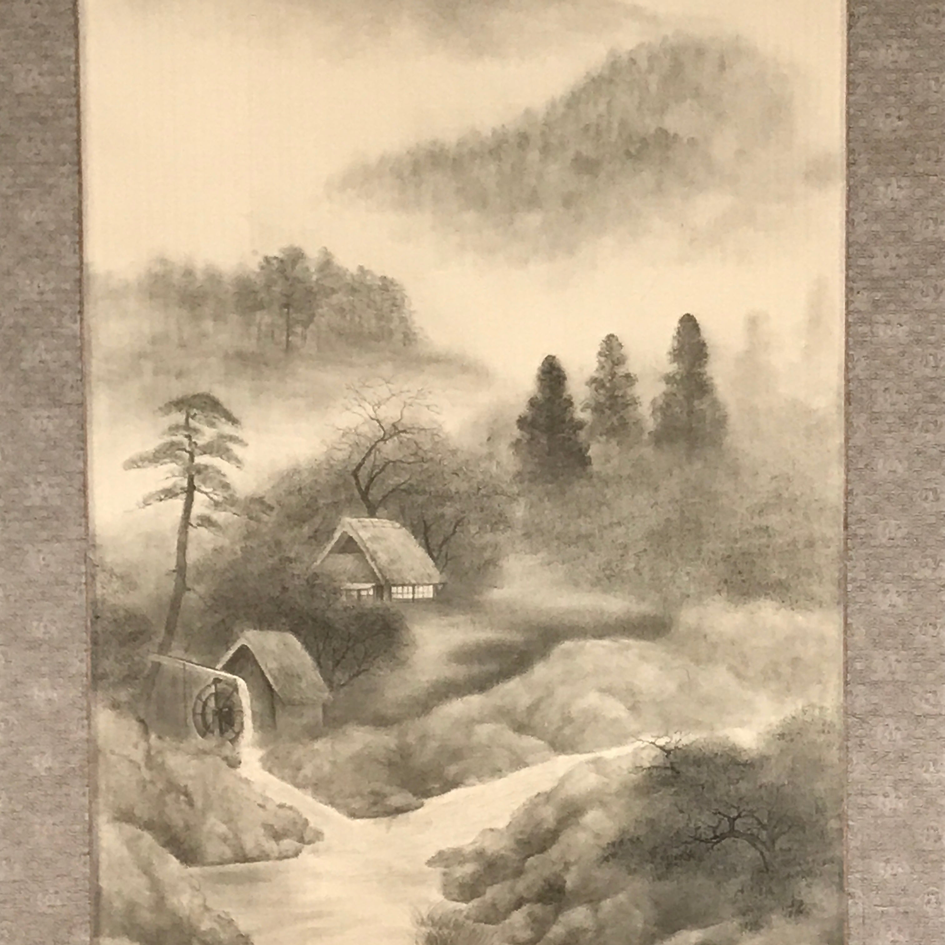 Japanese Boxed Hanging Scroll Vtg Black White Ink Landscape Sansui Kakejiku KJ35