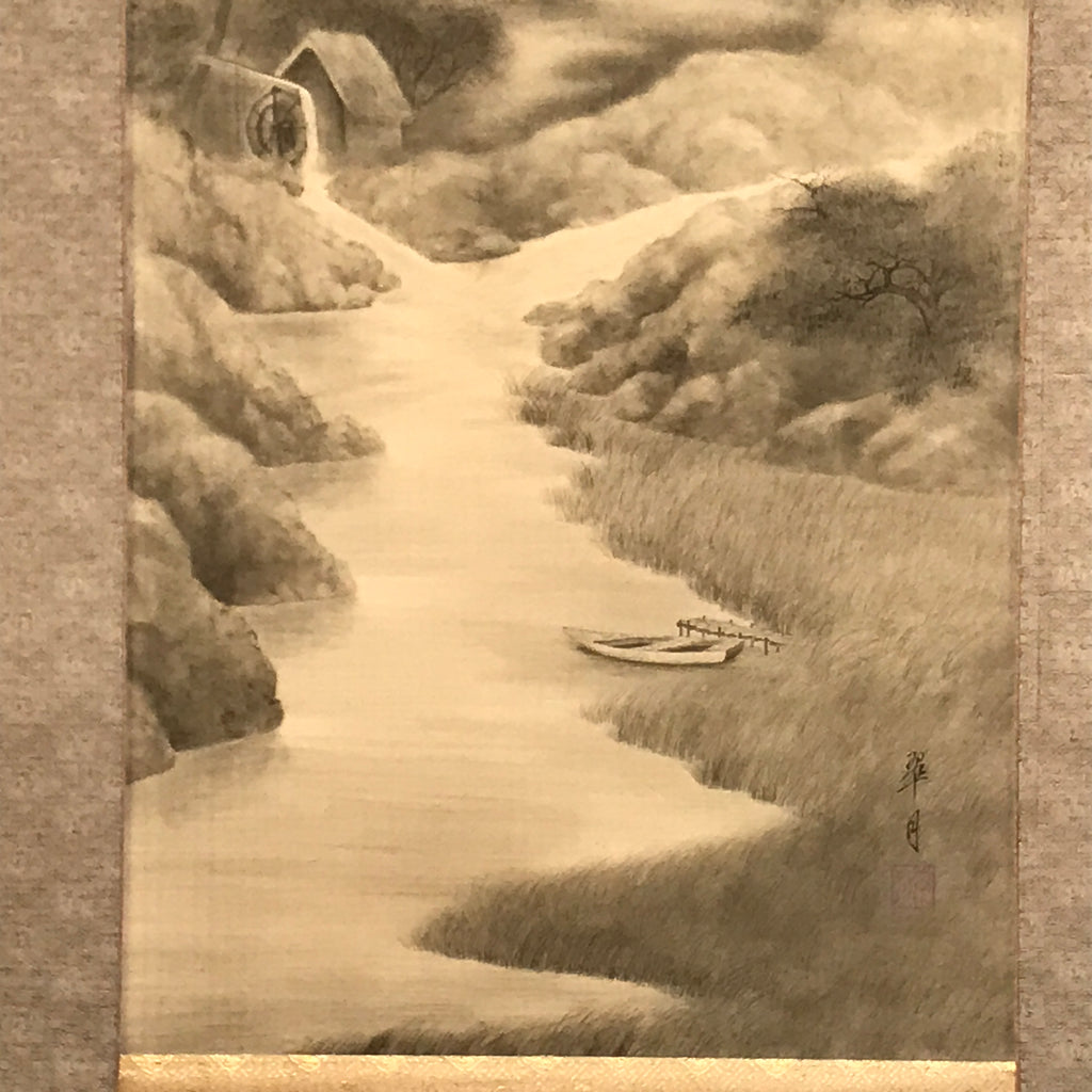 Japanese Boxed Hanging Scroll Vtg Black White Ink Landscape Sansui Kakejiku KJ35