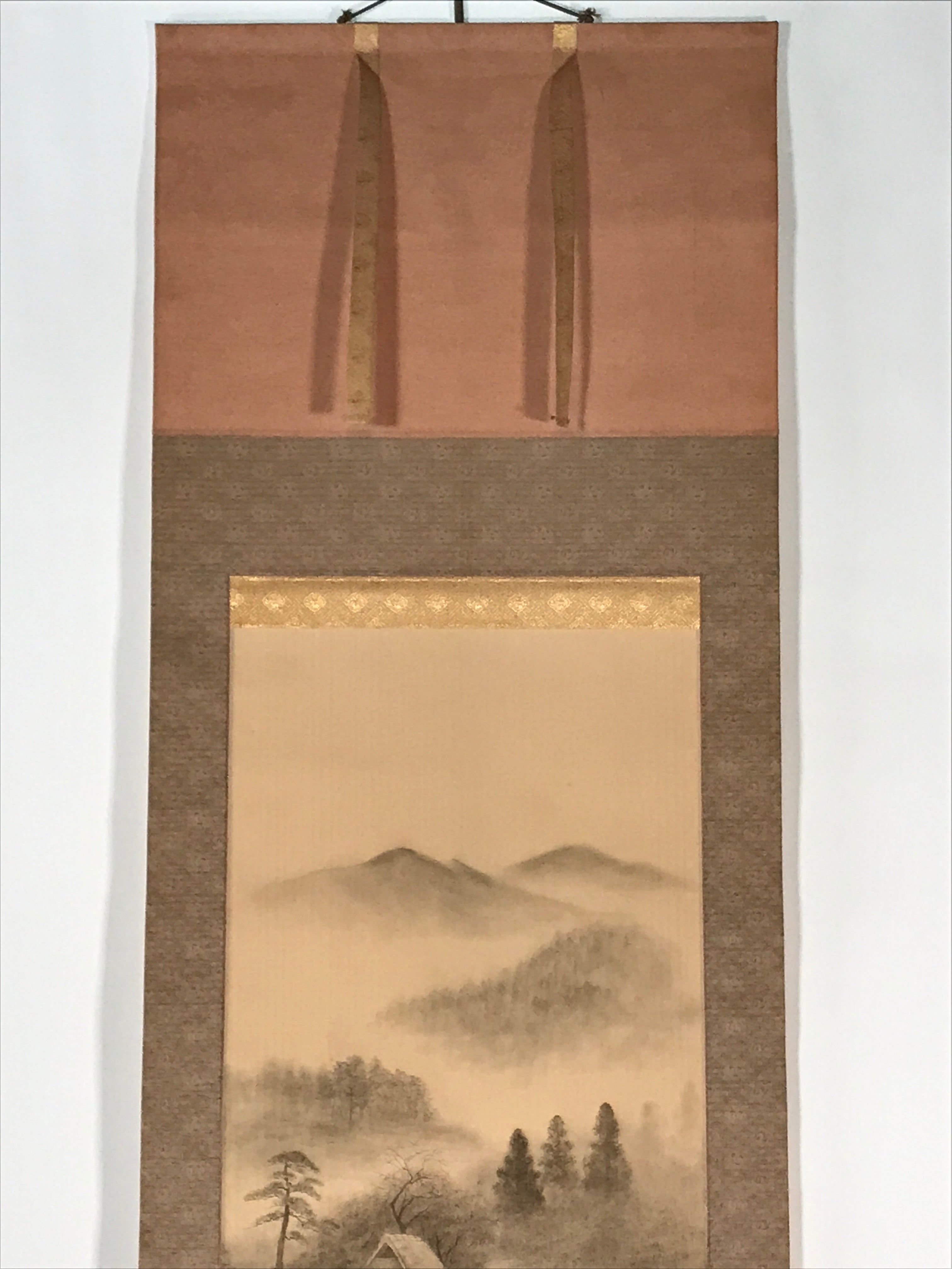 Japanese Boxed Hanging Scroll Vtg Black White Ink Landscape Sansui Kakejiku KJ35