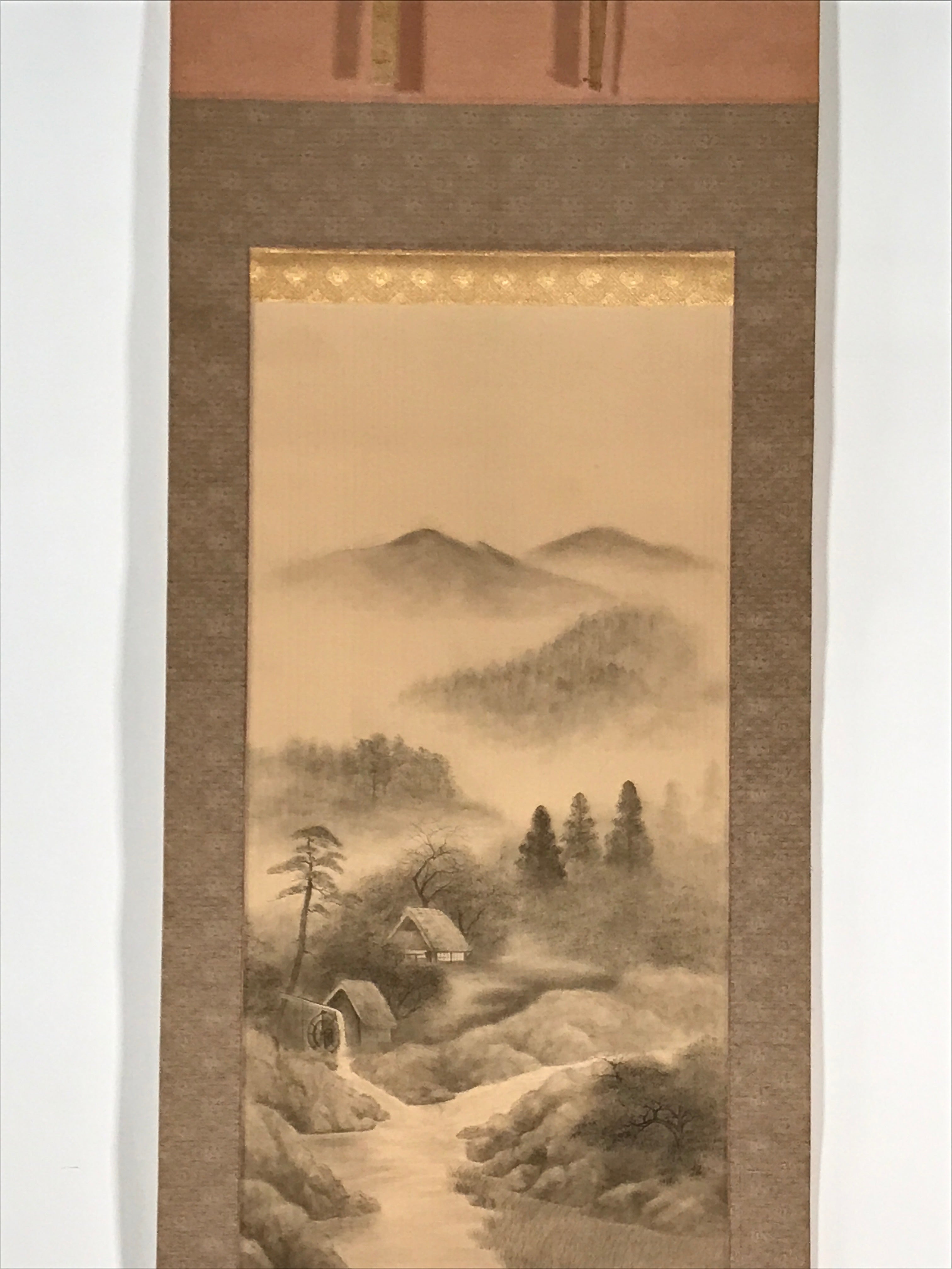 Japanese Boxed Hanging Scroll Vtg Black White Ink Landscape Sansui Kakejiku KJ35