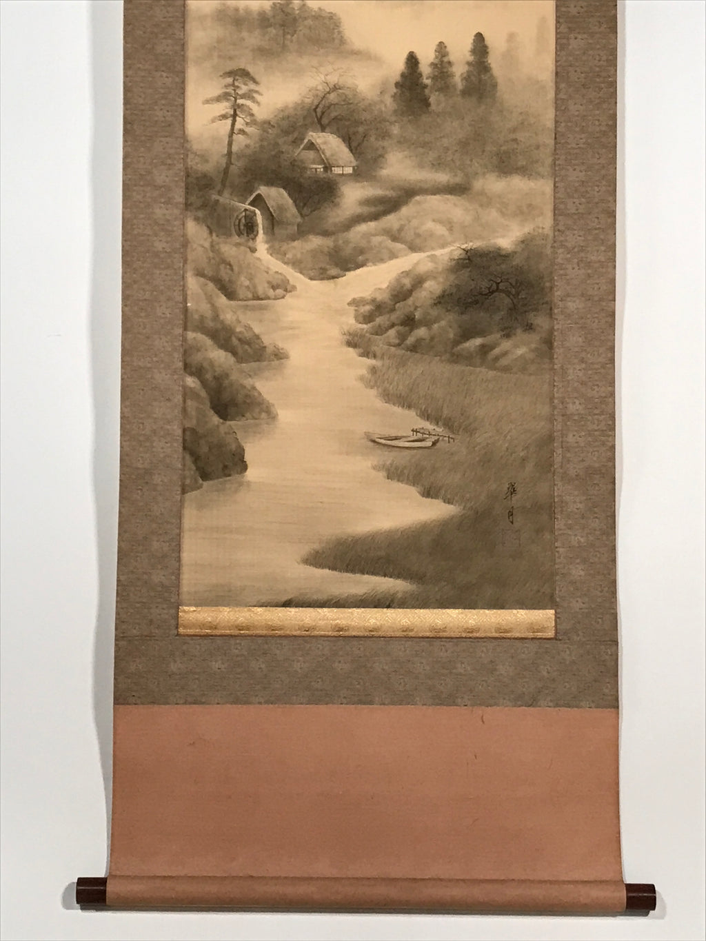 Japanese Boxed Hanging Scroll Vtg Black White Ink Landscape Sansui Kakejiku KJ35