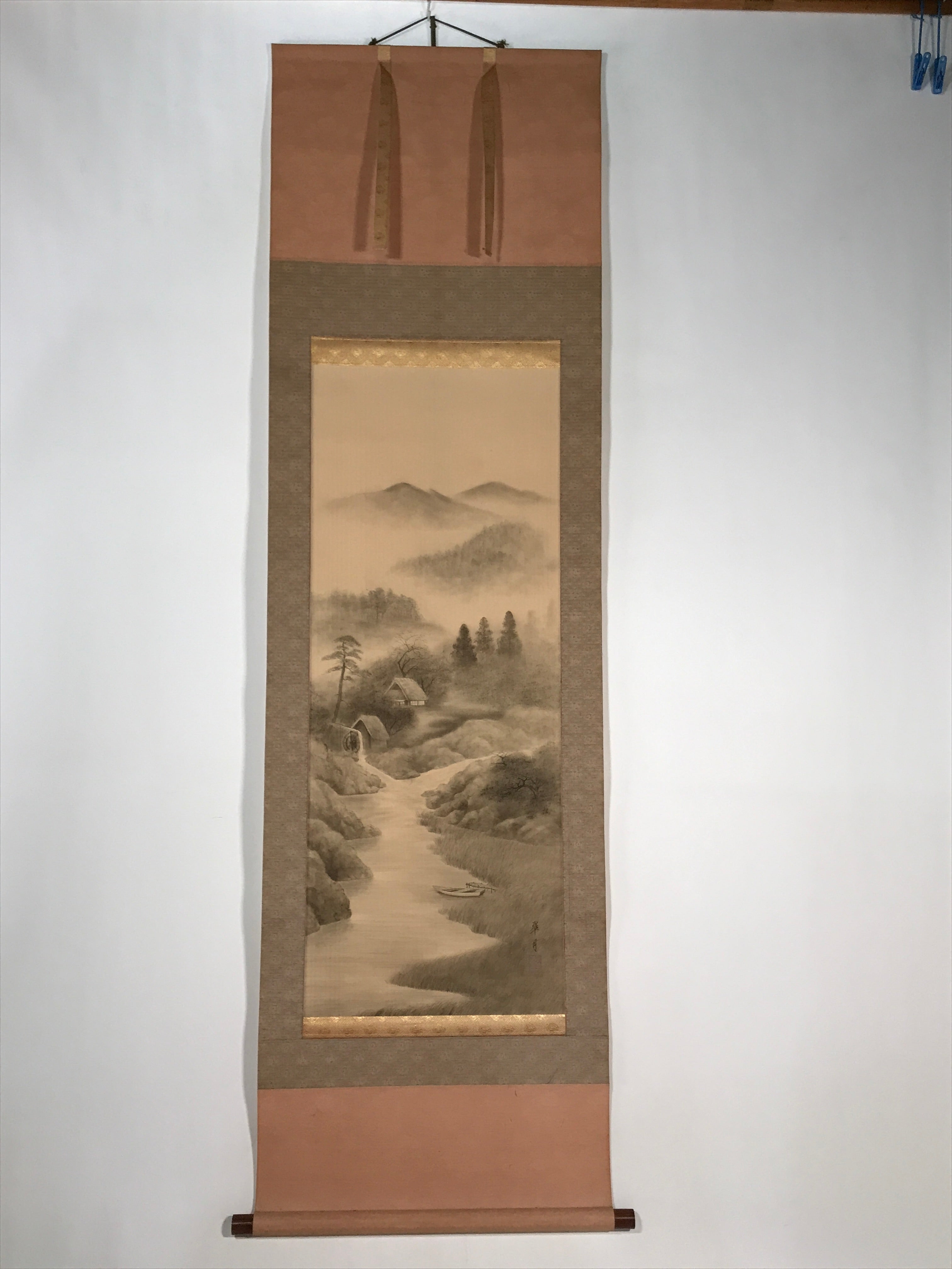 Japanese Boxed Hanging Scroll Vtg Black White Ink Landscape Sansui Kakejiku KJ35
