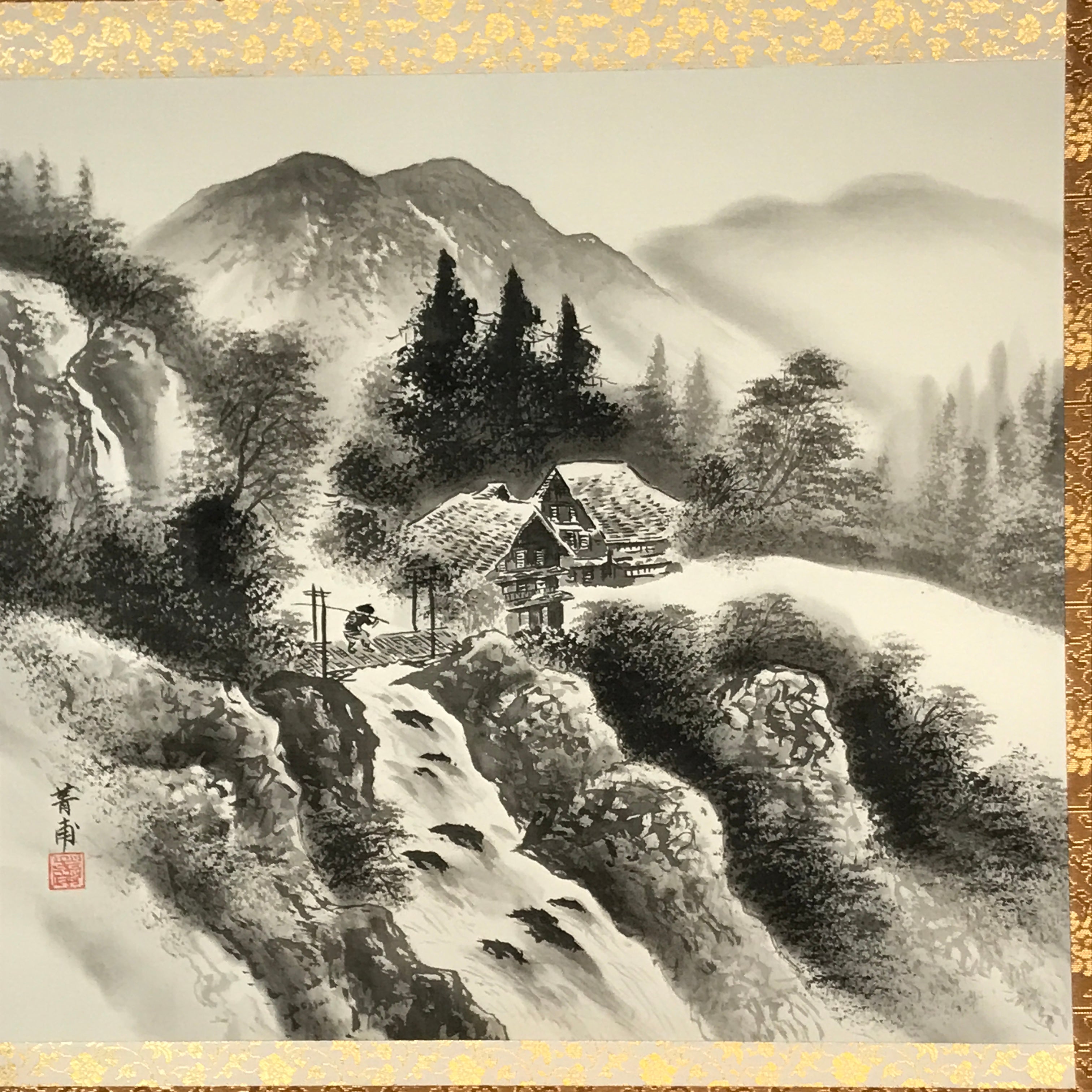 Japanese Boxed Hanging Scroll Vtg Black White Ink Landscape Sansui Kakejiku KJ37