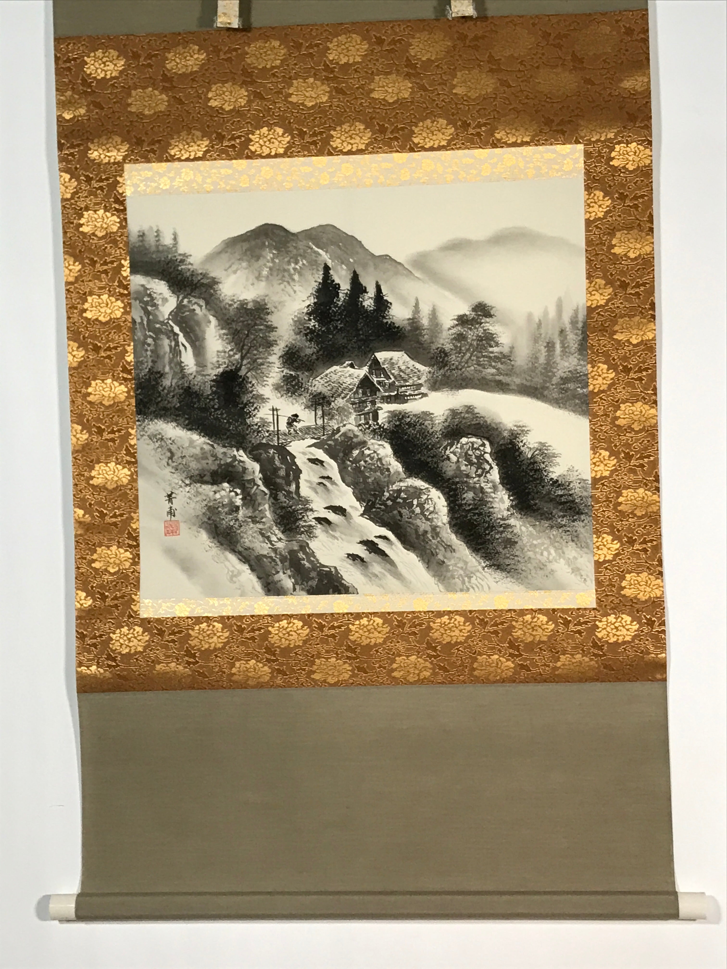 Japanese Boxed Hanging Scroll Vtg Black White Ink Landscape Sansui Kakejiku KJ37