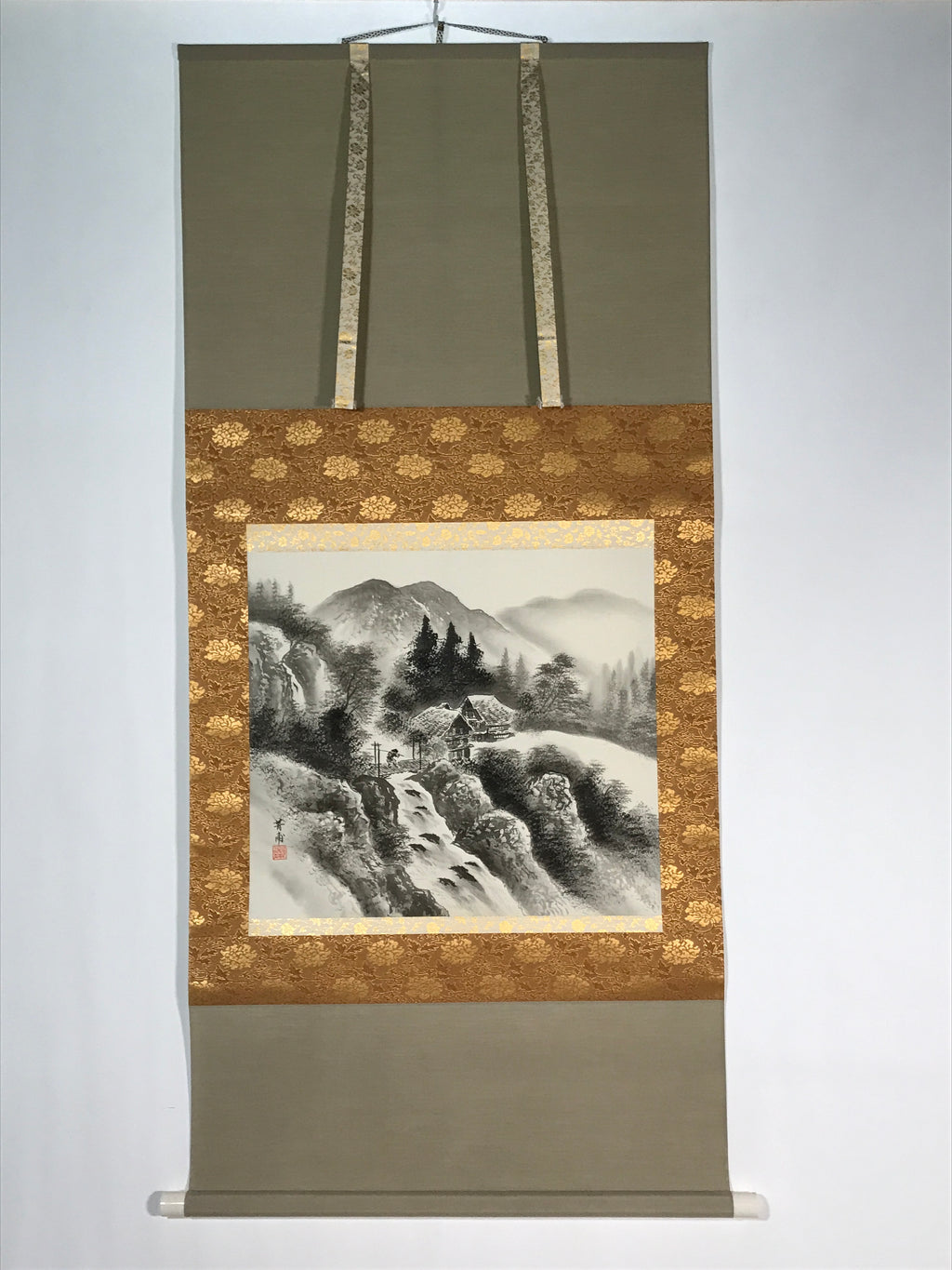 Japanese Boxed Hanging Scroll Vtg Black White Ink Landscape Sansui Kakejiku KJ37