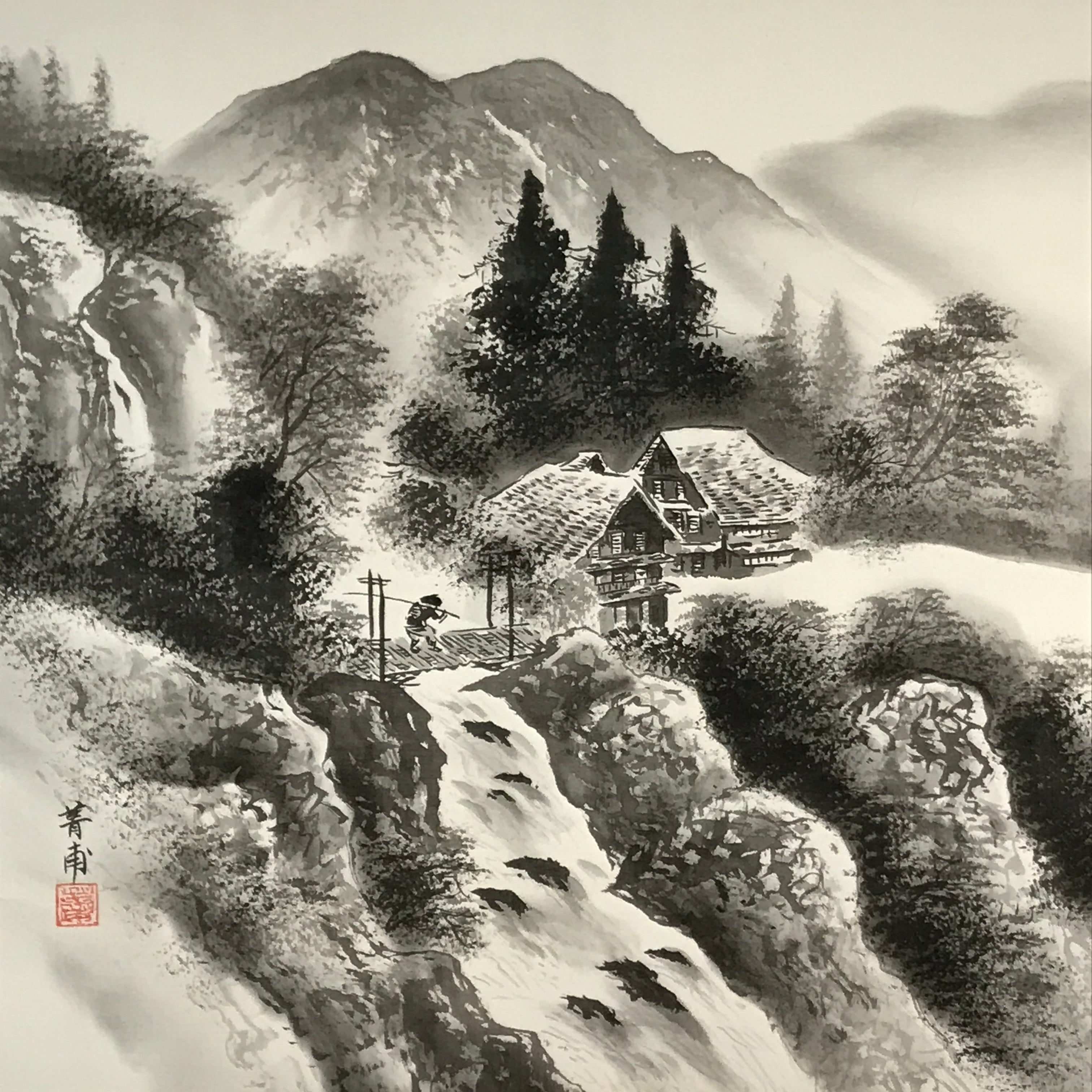 Japanese Boxed Hanging Scroll Vtg Black White Ink Landscape Sansui Kakejiku KJ37