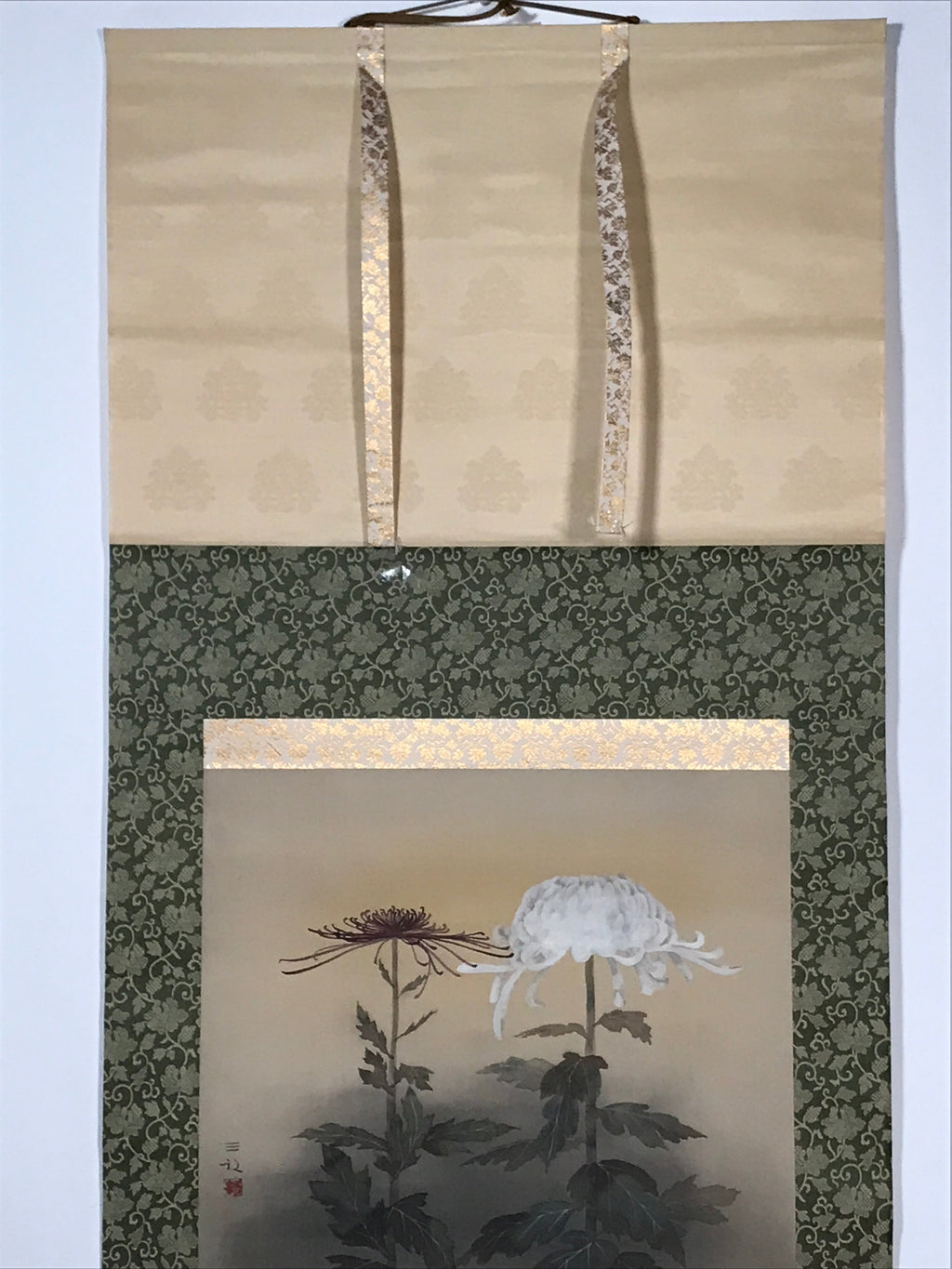 Japanese Boxed Hanging Scroll Vtg Chrysanthemum Kakejiku Chagake SC969