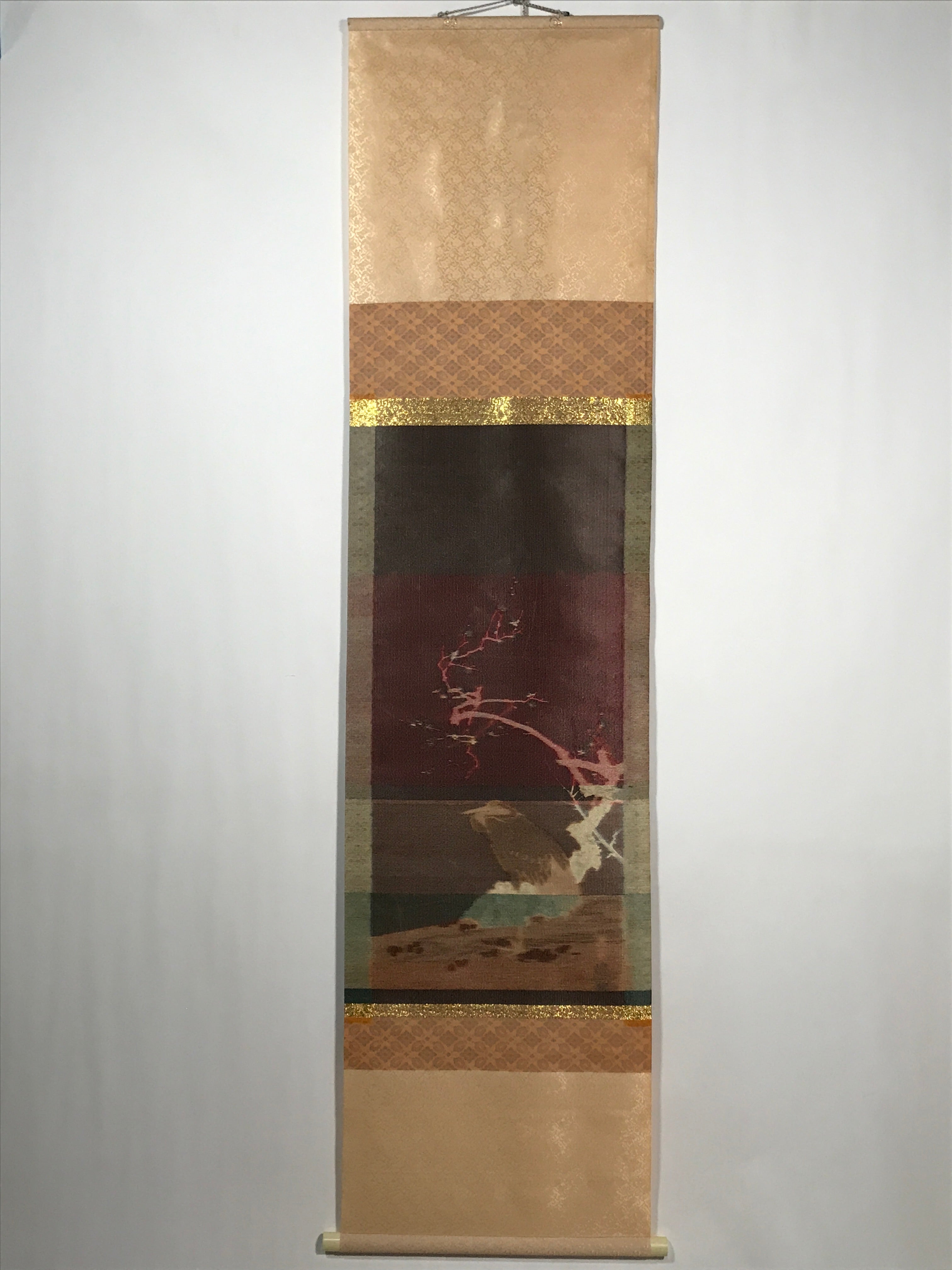 Japanese Boxed Hanging Scroll Vtg Crane Plum Flowers Kacho Kakejiku SC977