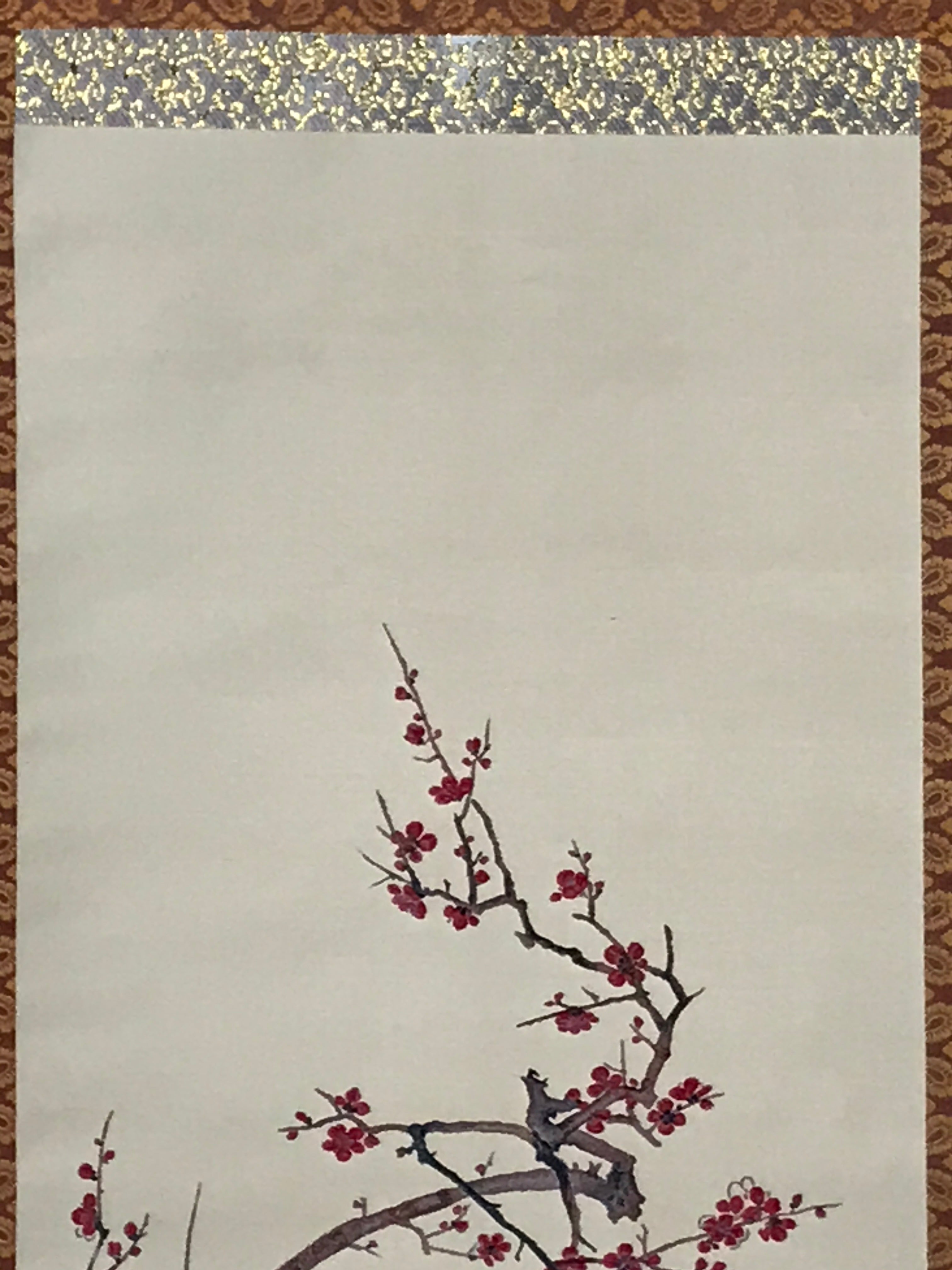 Japanese Boxed Hanging Scroll Vtg Crane Plum Flowers Kacho Kakejiku SC977