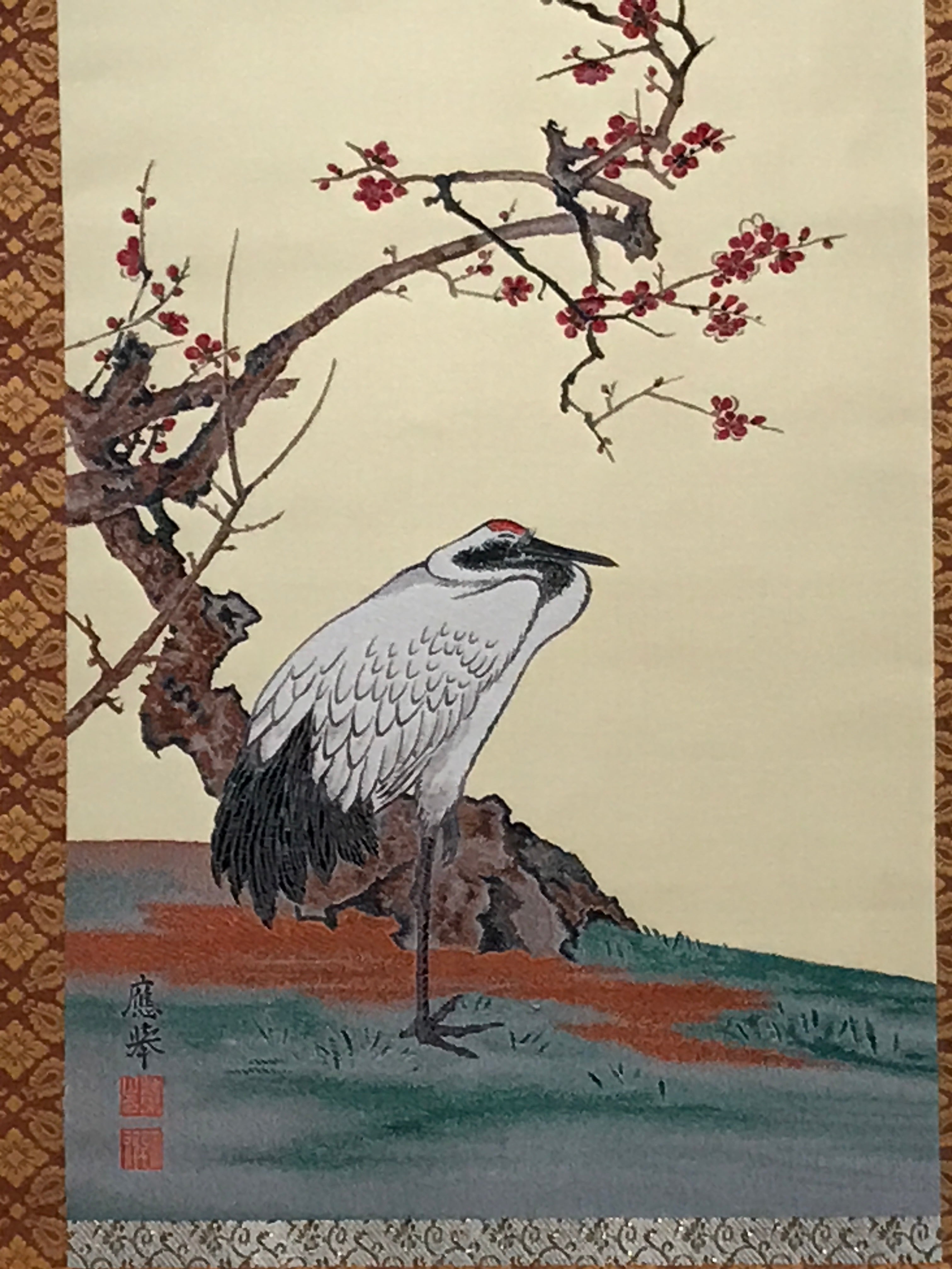 Japanese Boxed Hanging Scroll Vtg Crane Plum Flowers Kacho Kakejiku SC977