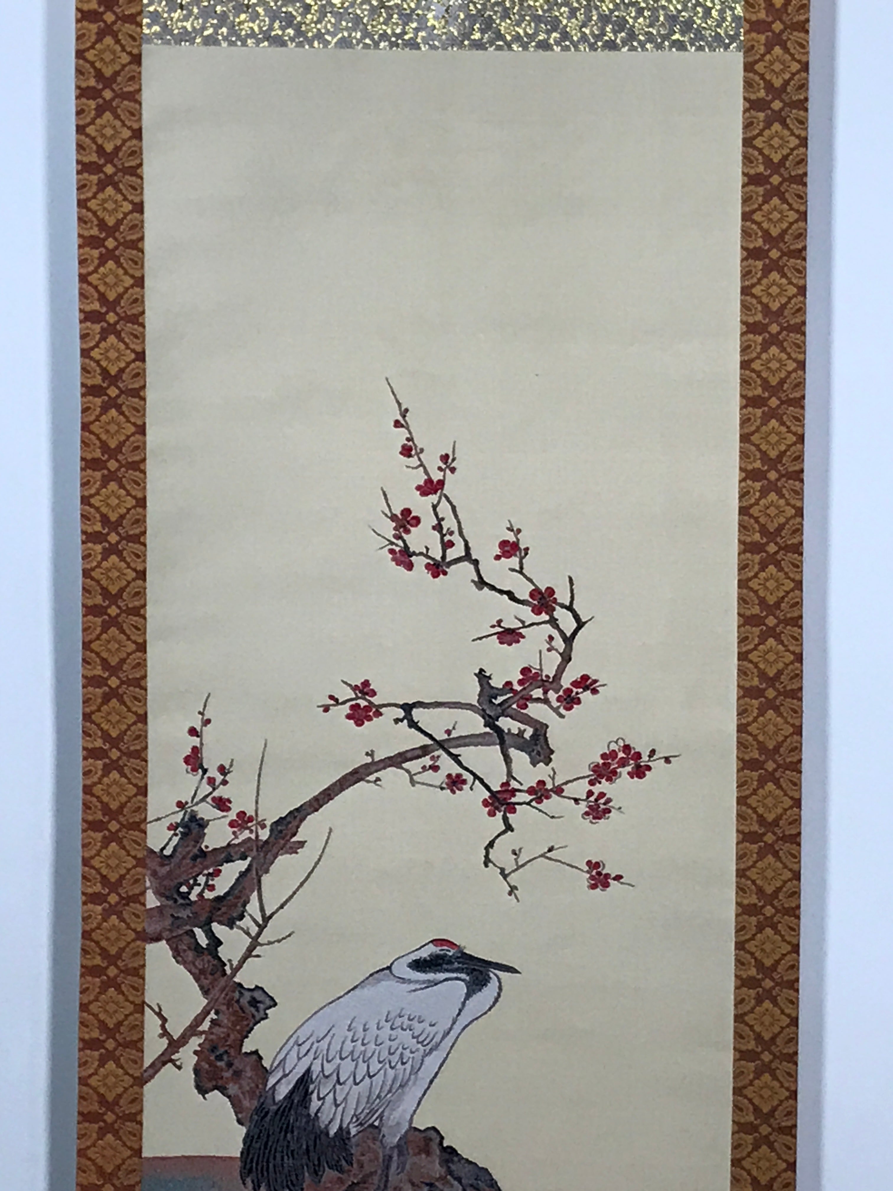 Japanese Boxed Hanging Scroll Vtg Crane Plum Flowers Kacho Kakejiku SC977