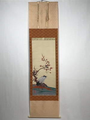 Japanese Boxed Hanging Scroll Vtg Crane Plum Flowers Kacho Kakejiku SC977