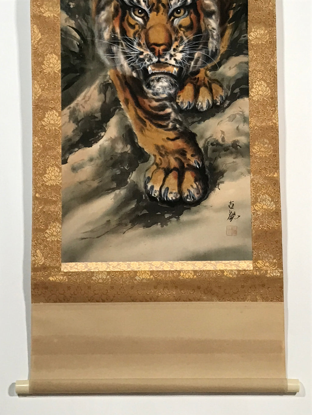 Japanese Boxed Hanging Scroll Vtg Fierce Tiger Orange Black Moko Kakejiku KJ34