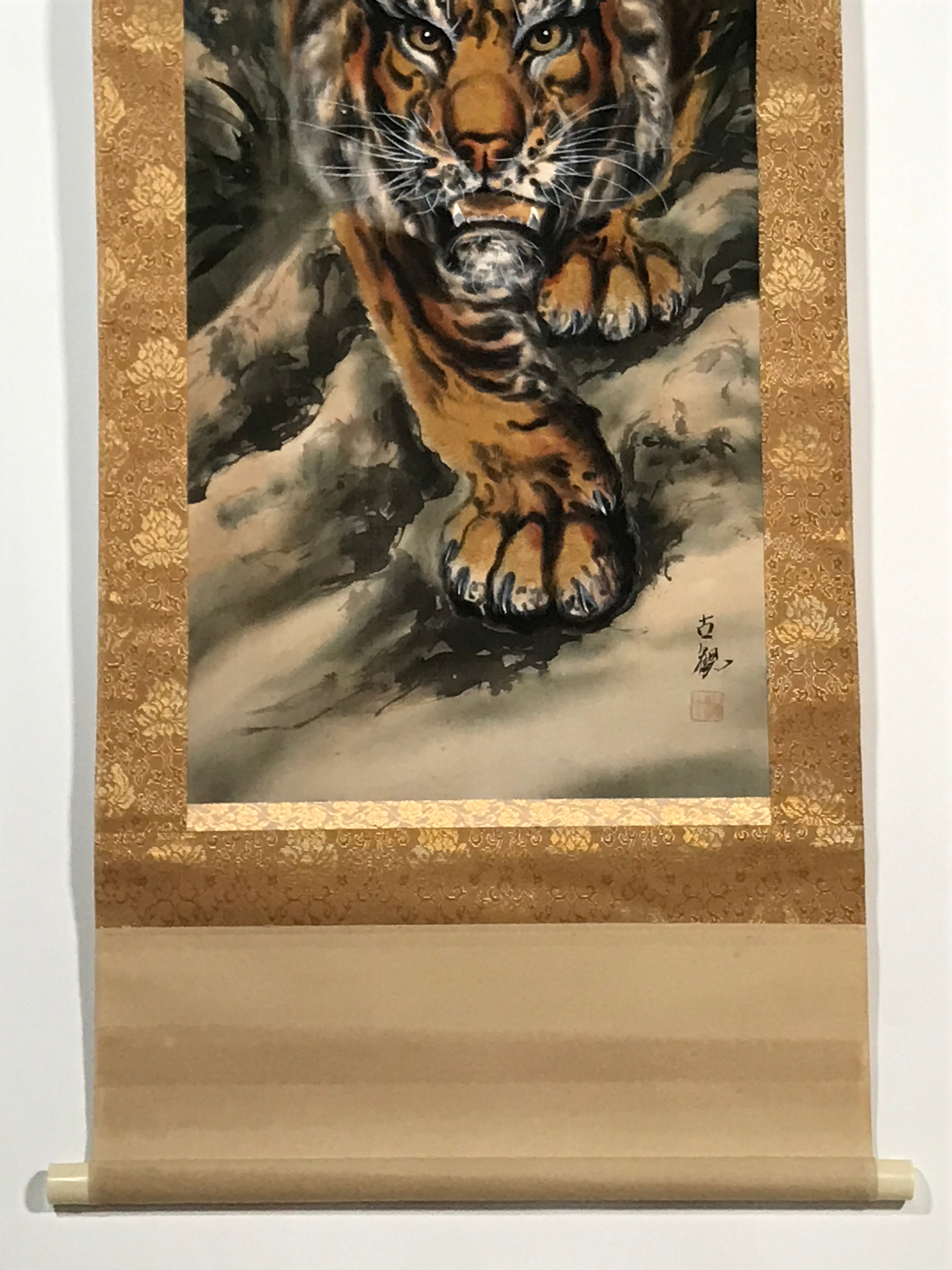 Japanese Boxed Hanging Scroll Vtg Fierce Tiger Orange Black Moko Kakejiku KJ34