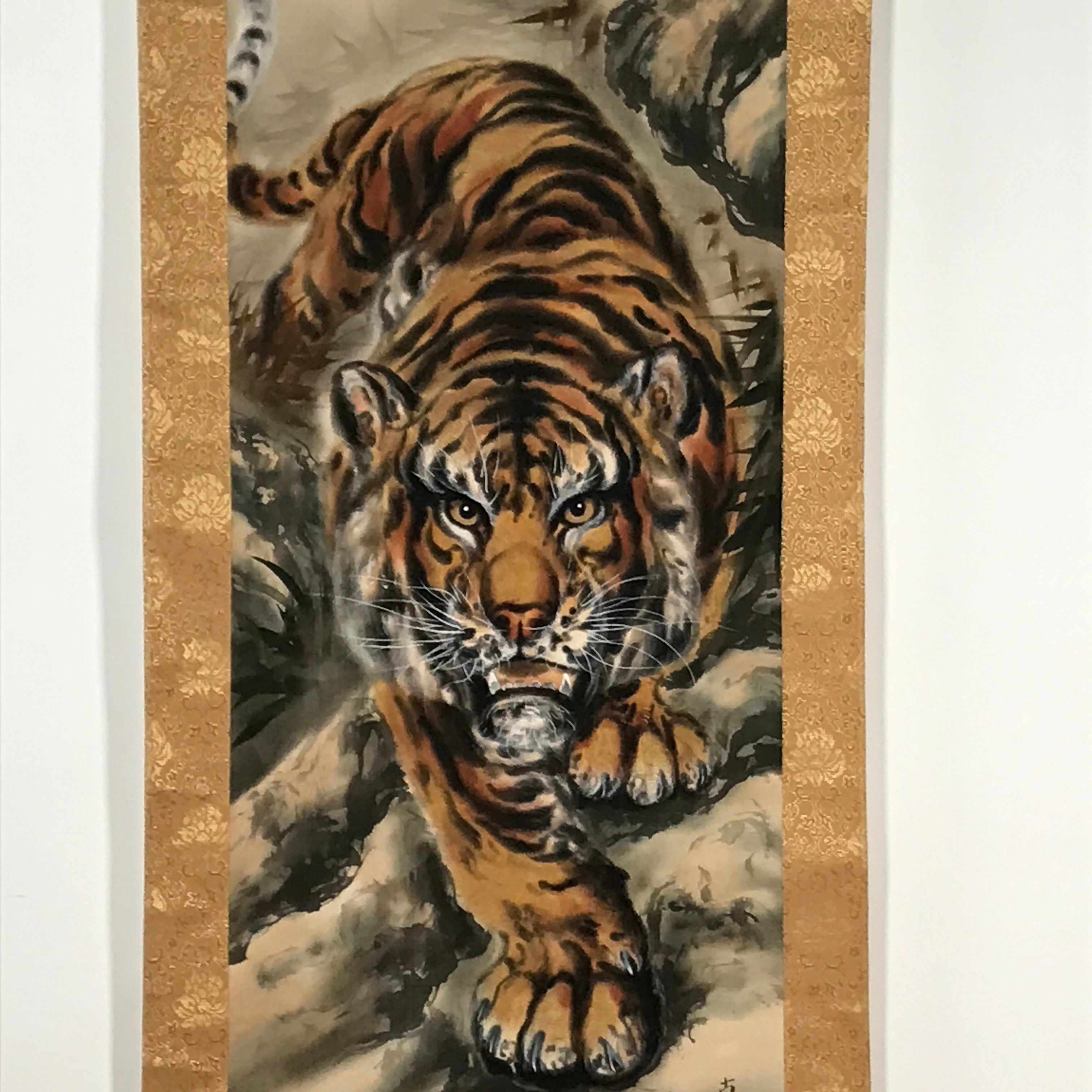 Japanese Boxed Hanging Scroll Vtg Fierce Tiger Orange Black Moko Kakejiku KJ34