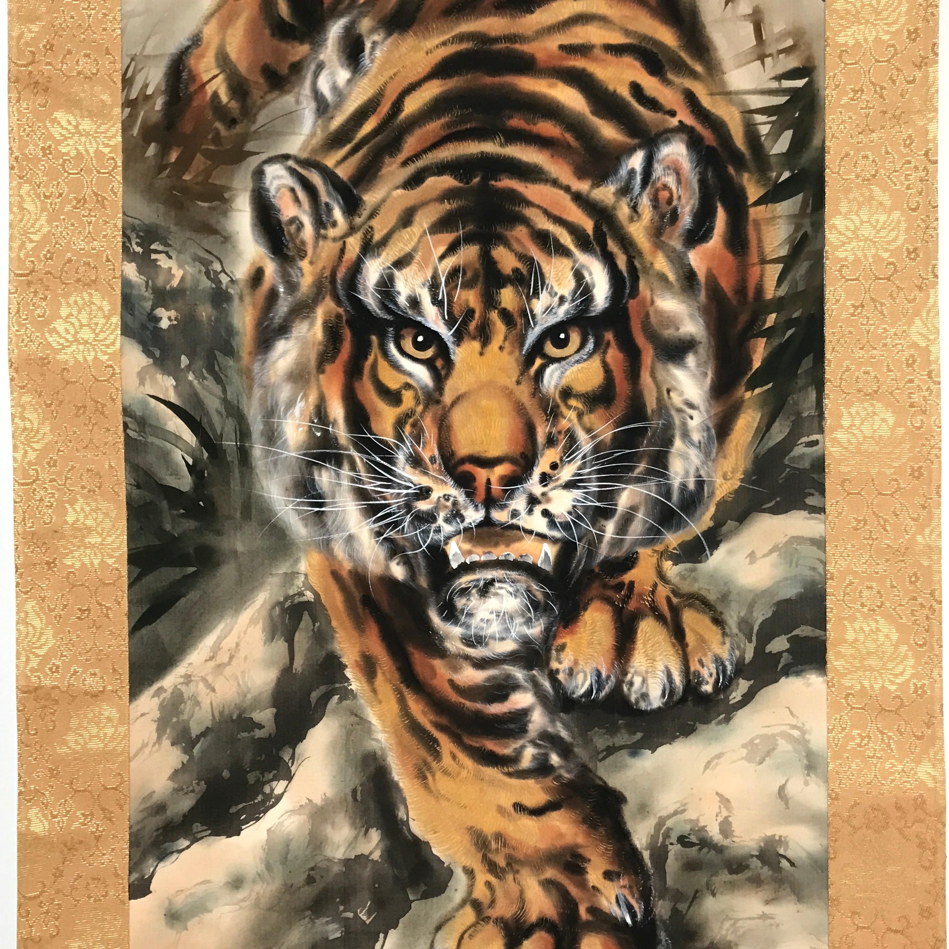 Japanese Boxed Hanging Scroll Vtg Fierce Tiger Orange Black Moko Kakejiku KJ34