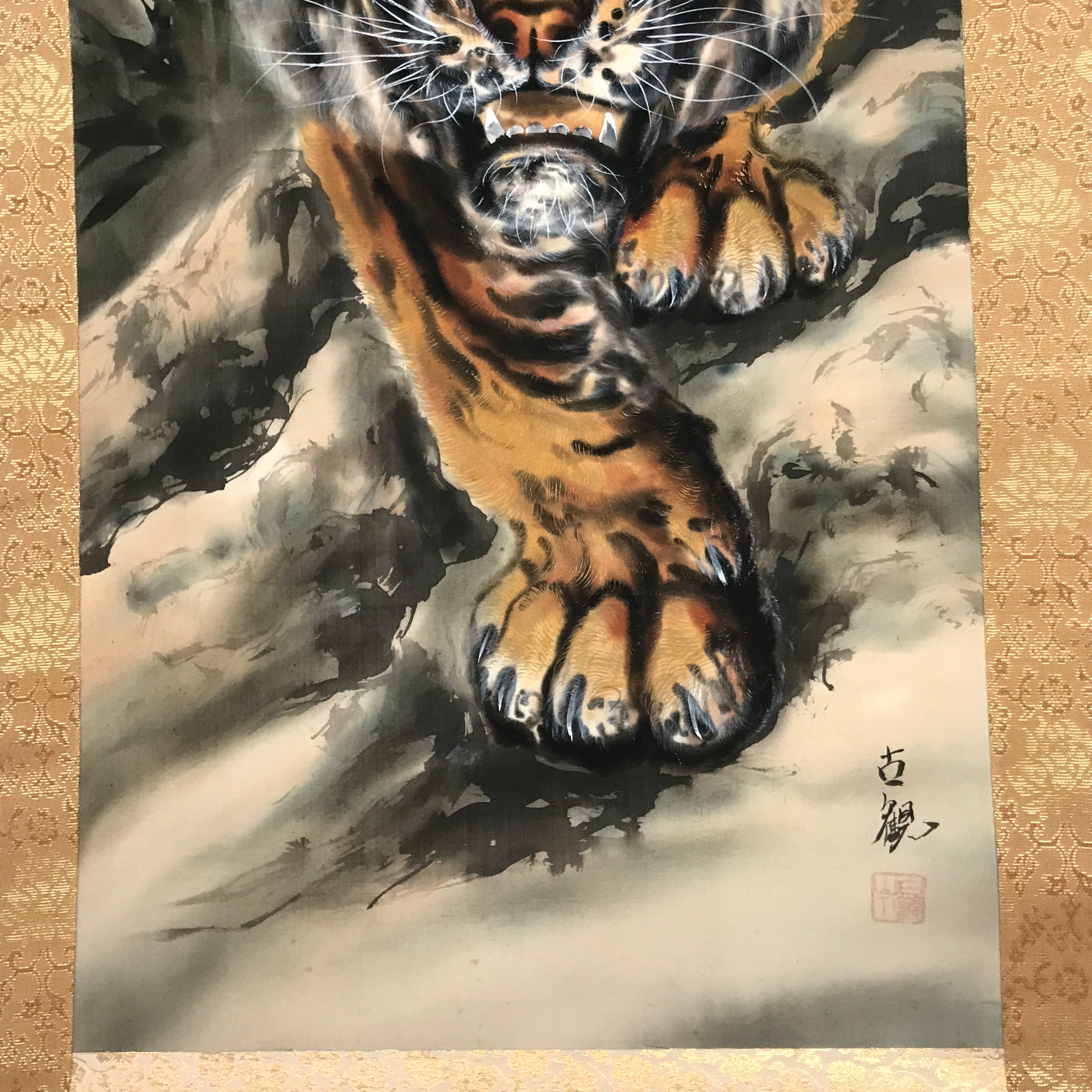 Japanese Boxed Hanging Scroll Vtg Fierce Tiger Orange Black Moko Kakejiku KJ34