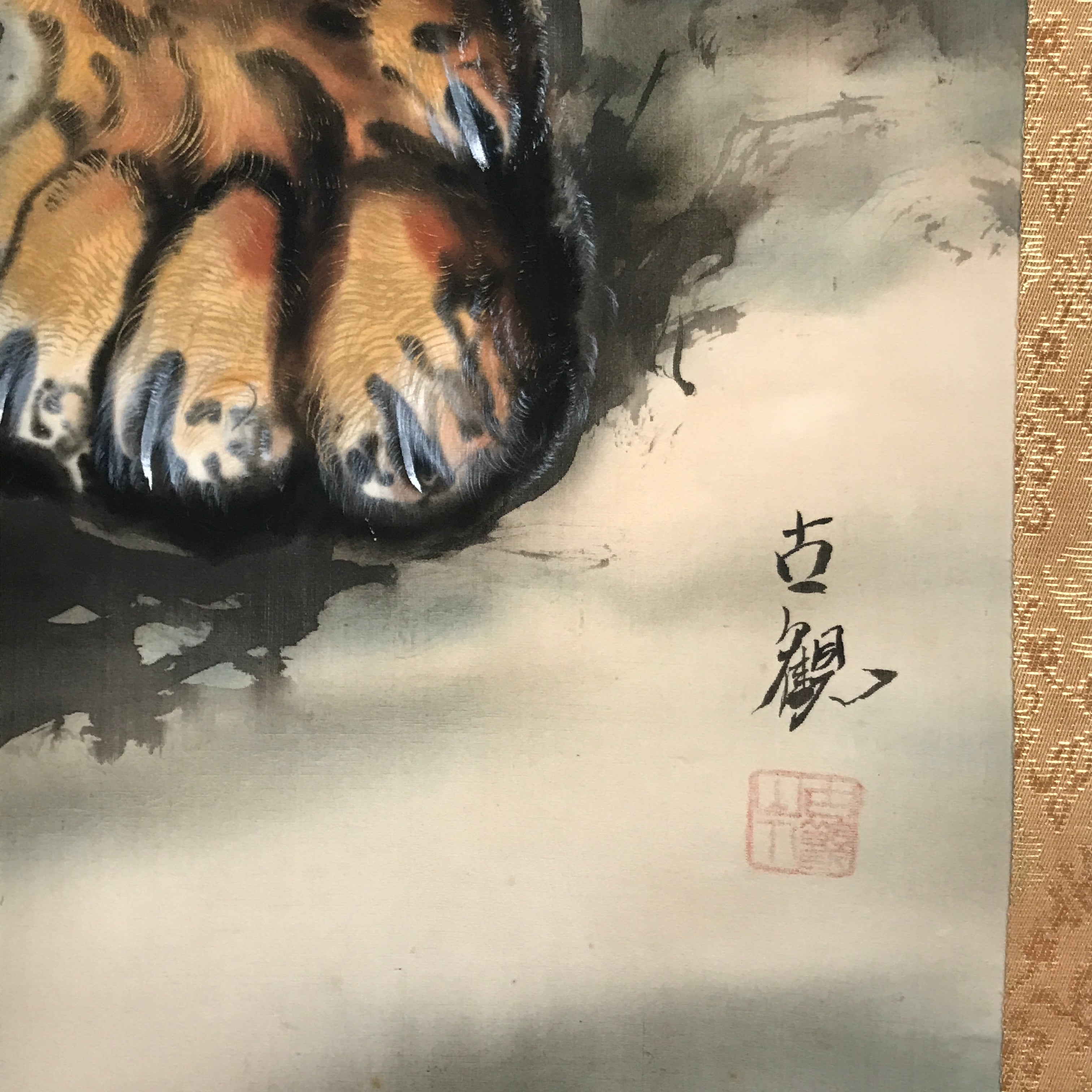 Japanese Boxed Hanging Scroll Vtg Fierce Tiger Orange Black Moko Kakejiku KJ34