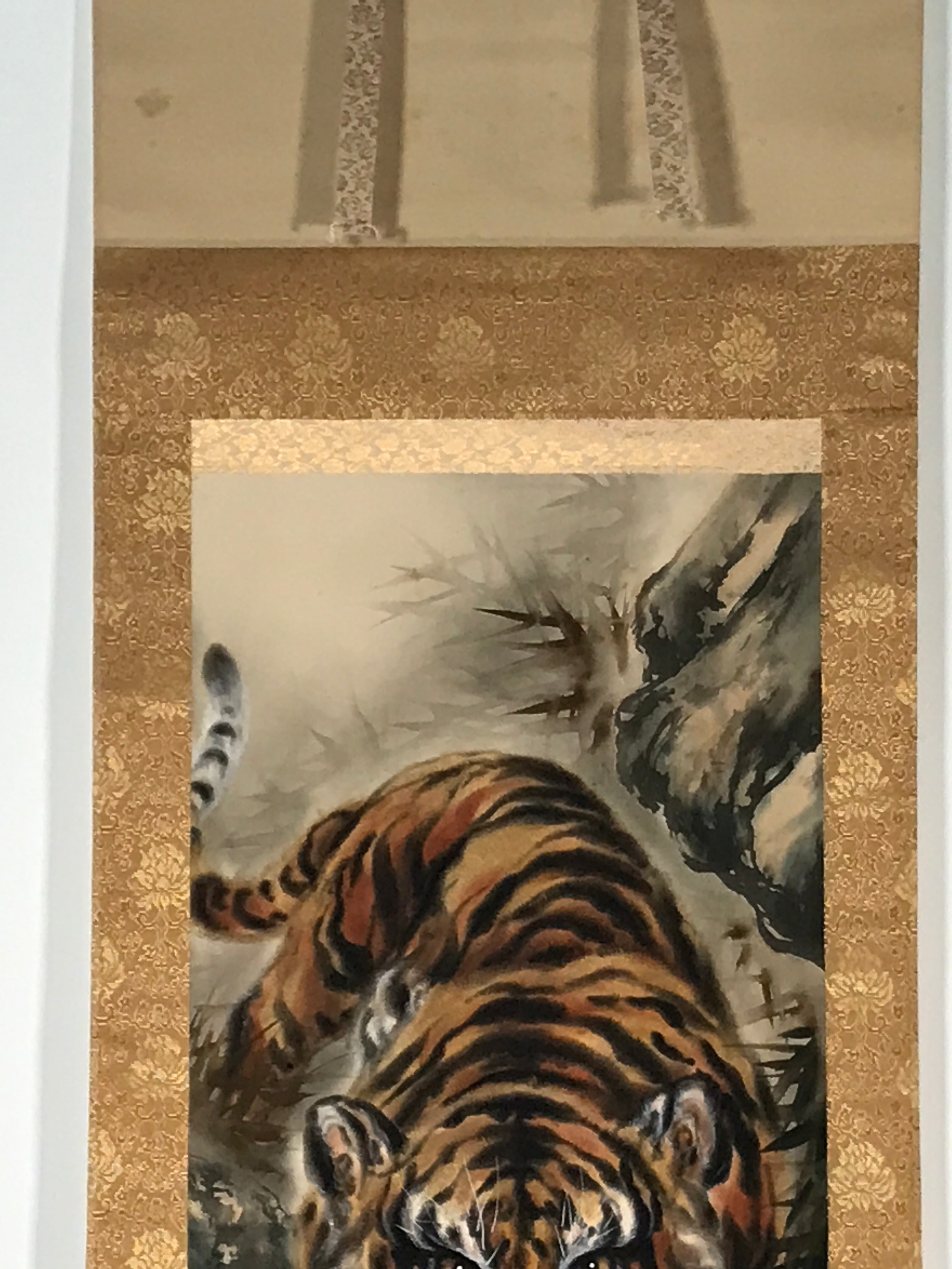 Japanese Boxed Hanging Scroll Vtg Fierce Tiger Orange Black Moko Kakejiku KJ34