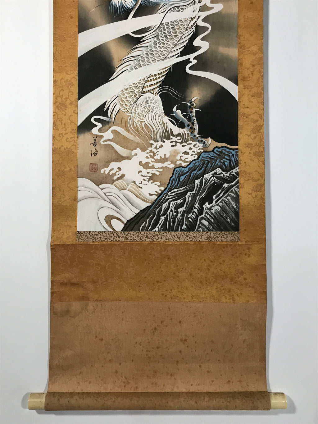 Japanese Boxed Hanging Scroll Vtg Guardian White Dragon Zenkai Kakejiku KJ158