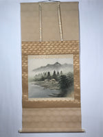 Japanese Boxed Hanging Scroll Vtg Houses River Boat Landscape Kakejiku SC982