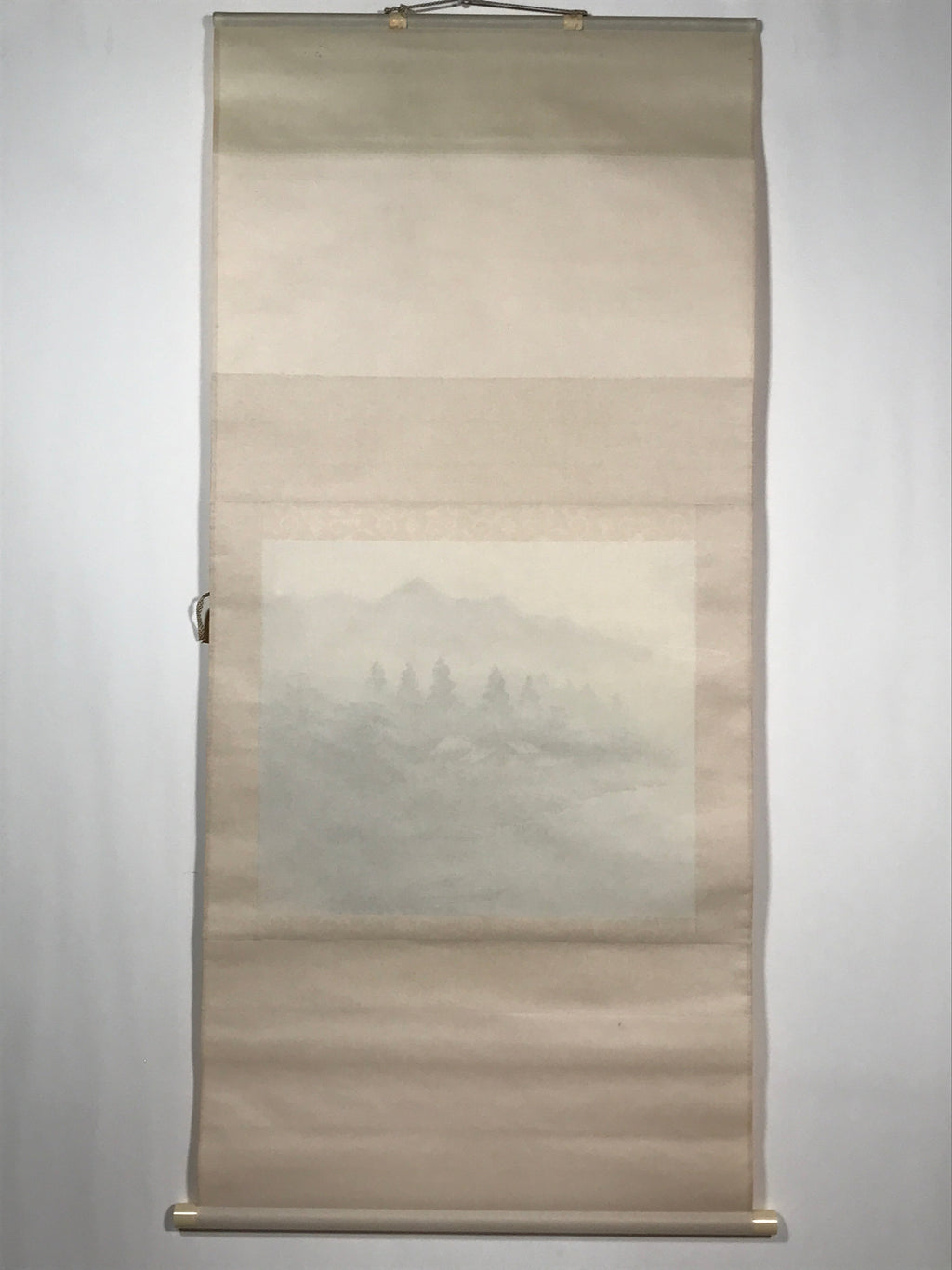 Japanese Boxed Hanging Scroll Vtg Houses River Boat Landscape Kakejiku SC982