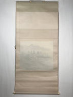 Japanese Boxed Hanging Scroll Vtg Houses River Boat Landscape Kakejiku SC982