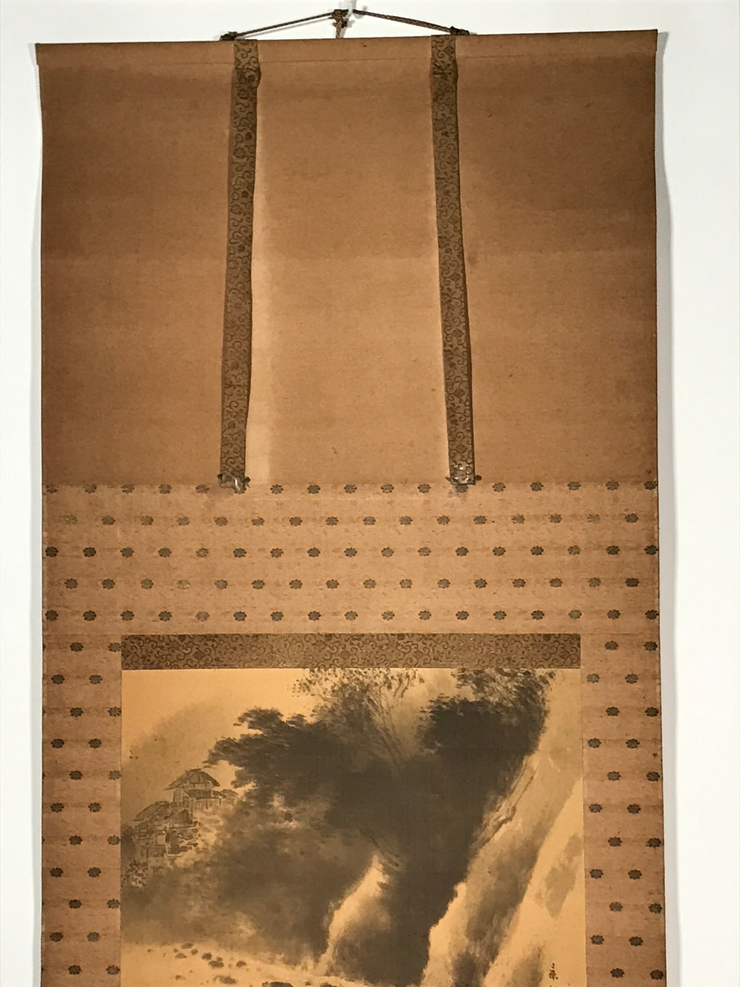 Japanese Boxed Hanging Scroll Vtg Houses River Sansui Landscape Kakejiku SC983