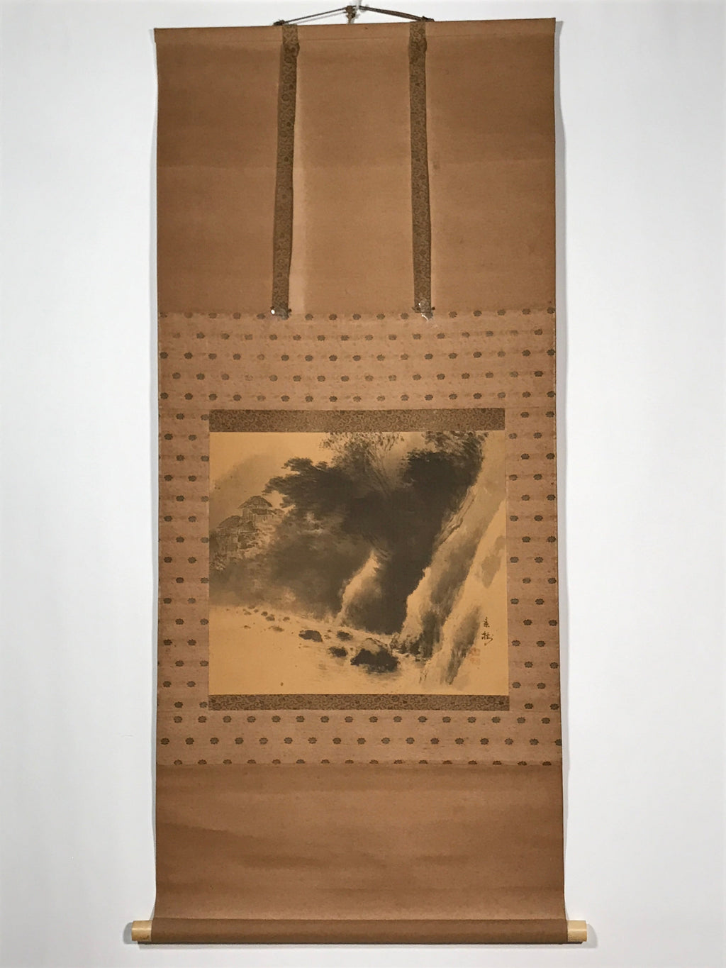 Japanese Boxed Hanging Scroll Vtg Houses River Sansui Landscape Kakejiku SC983