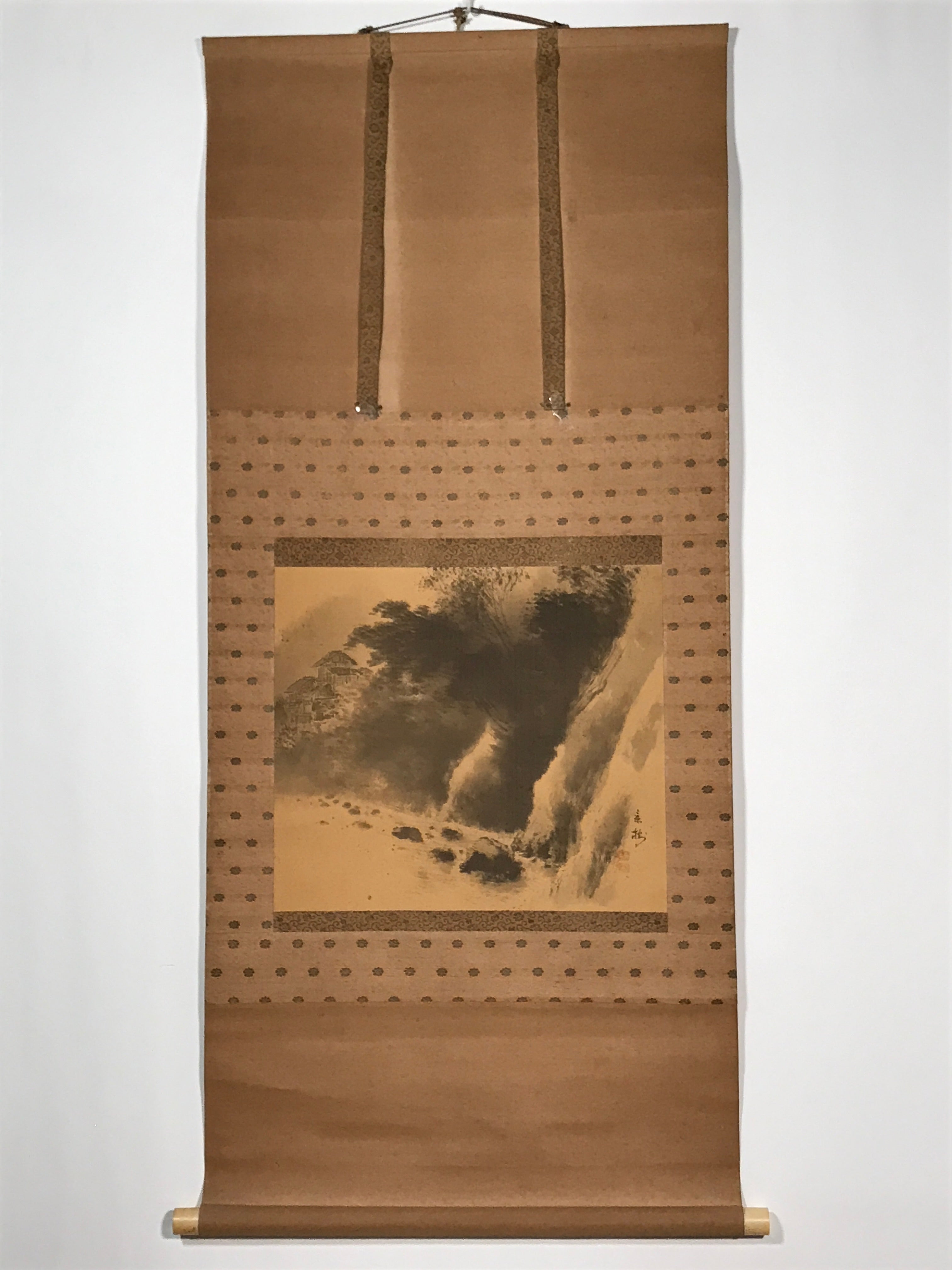 Japanese Boxed Hanging Scroll Vtg Houses River Sansui Landscape Kakejiku SC983