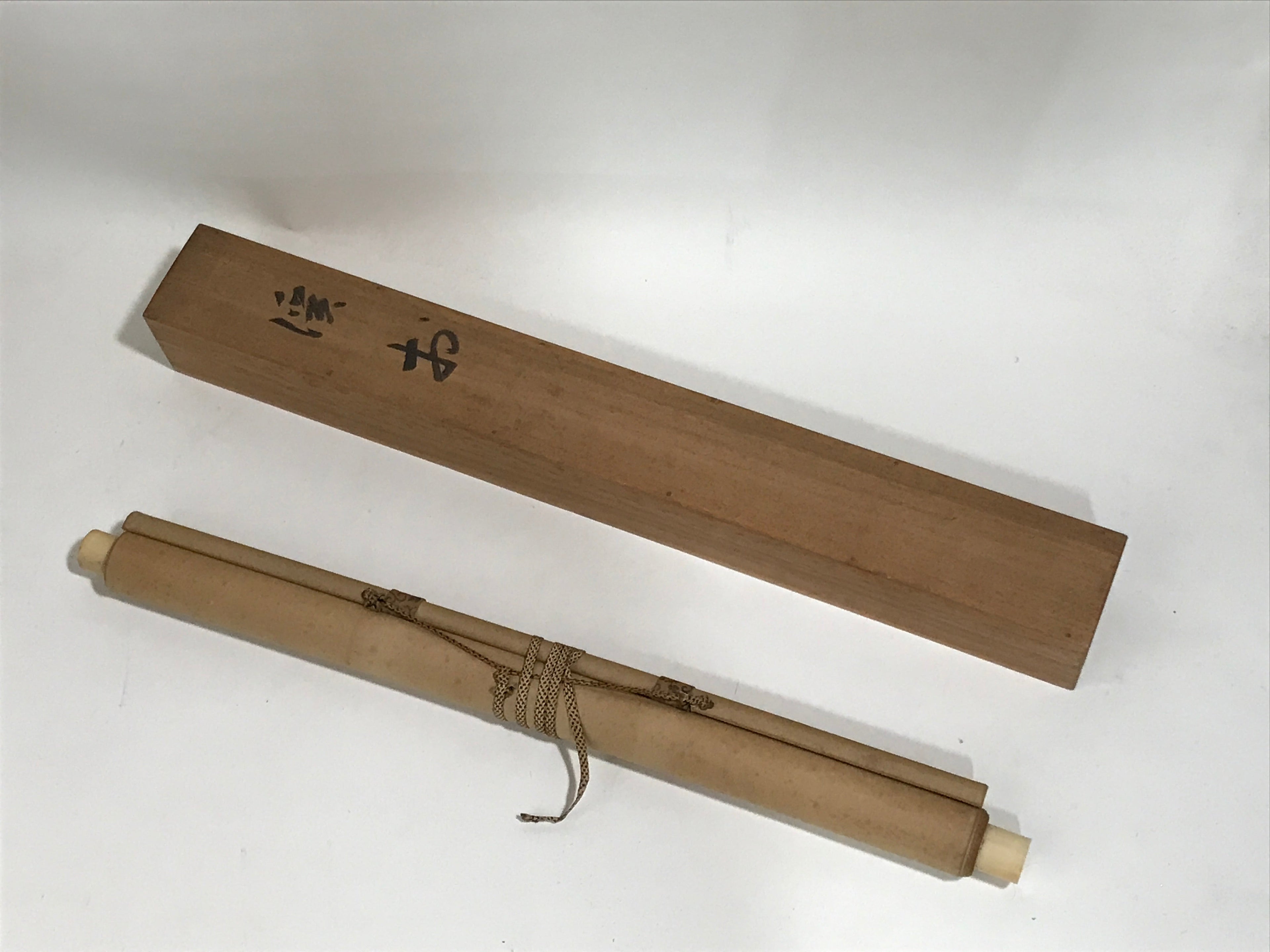 Japanese Boxed Hanging Scroll Vtg Houses River Sansui Landscape Kakejiku SC983