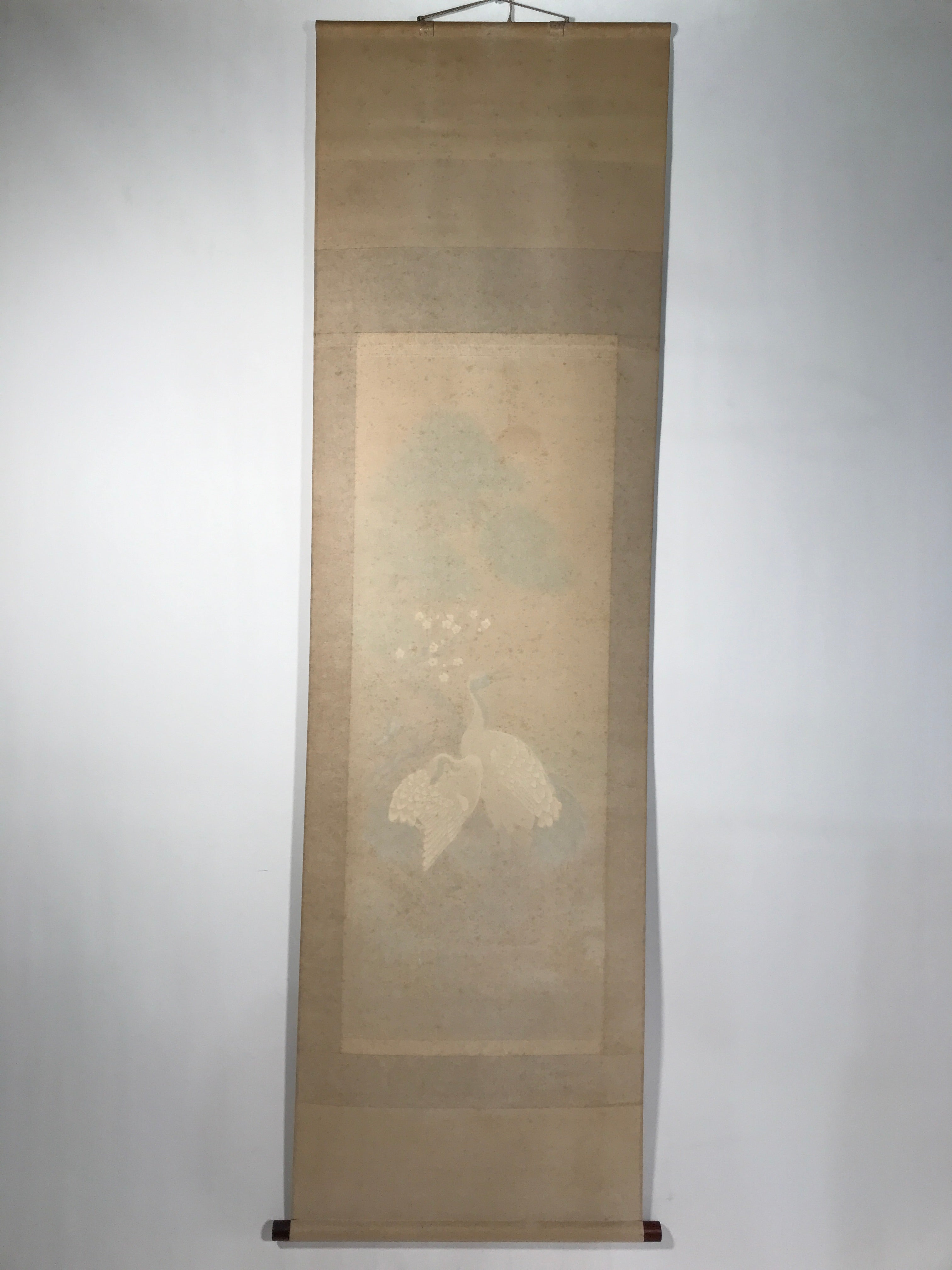 Japanese Boxed Hanging Scroll Vtg Kakejiku Cranes Pine Tree Plum Blossoms KJ150