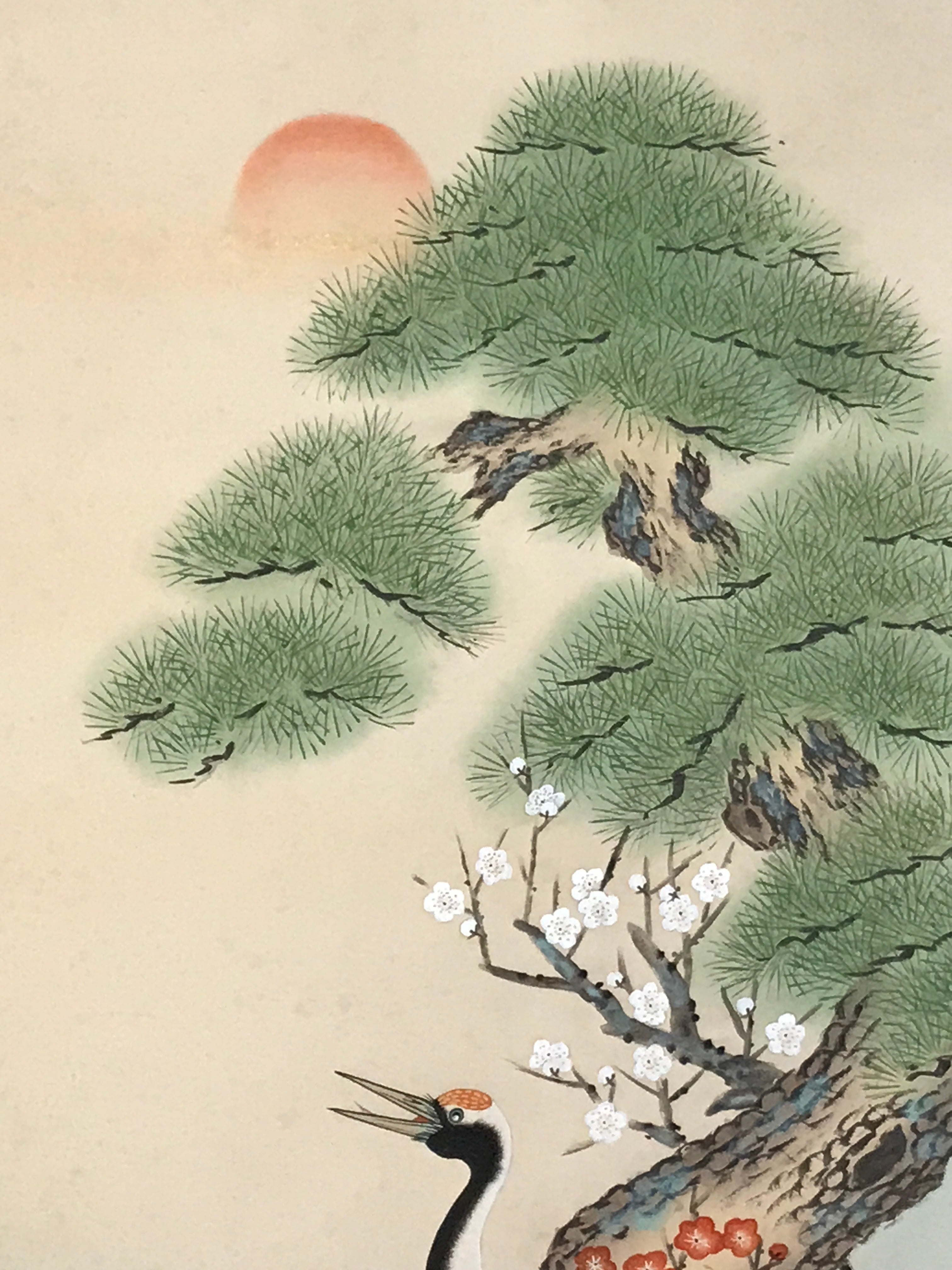 Japanese Boxed Hanging Scroll Vtg Kakejiku Cranes Pine Tree Plum Blossoms KJ150