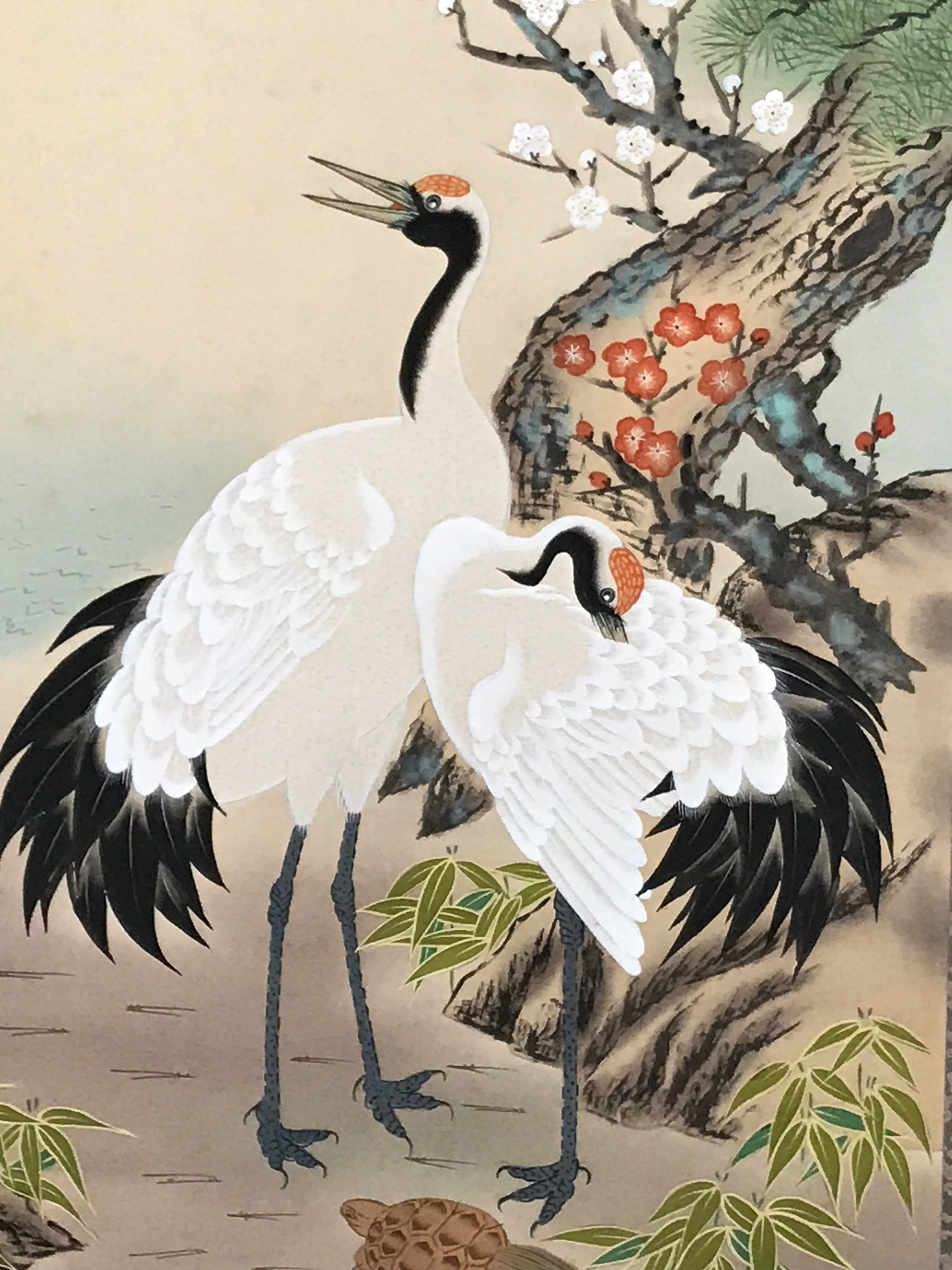 Japanese Boxed Hanging Scroll Vtg Kakejiku Cranes Pine Tree Plum Blossoms KJ150