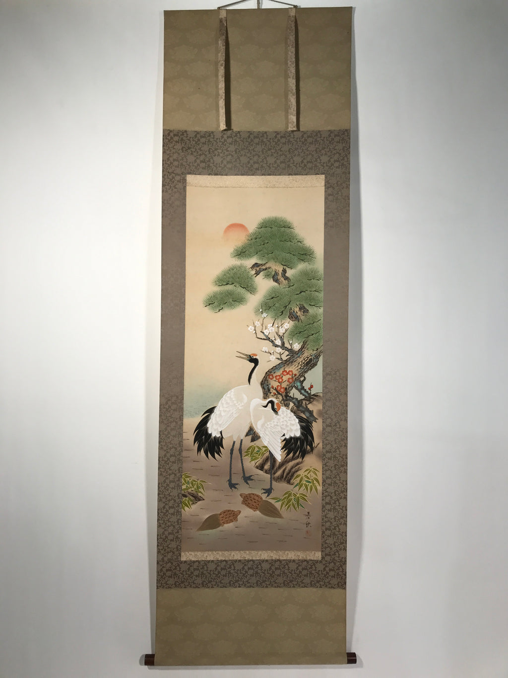 Japanese Boxed Hanging Scroll Vtg Kakejiku Cranes Pine Tree Plum Blossoms KJ150